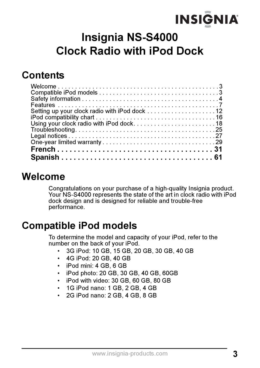 Insignia NS-S4000 manual Contents, Welcome, Compatible iPod models 