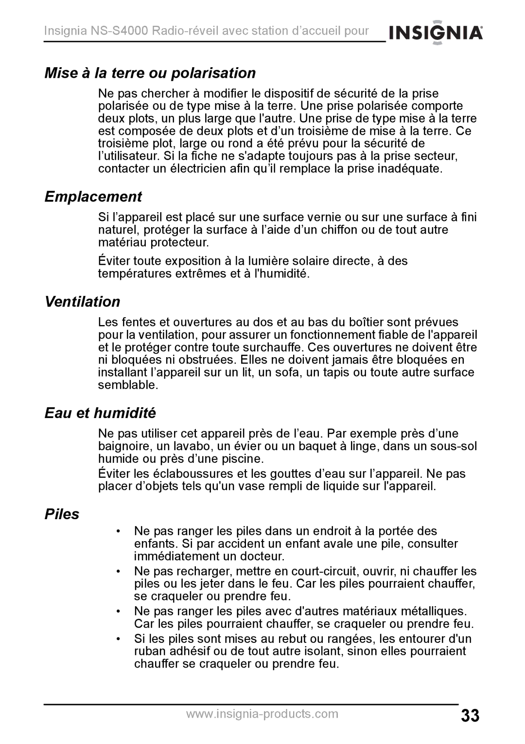 Insignia NS-S4000 manual Mise à la terre ou polarisation, Emplacement, Eau et humidité, Piles 