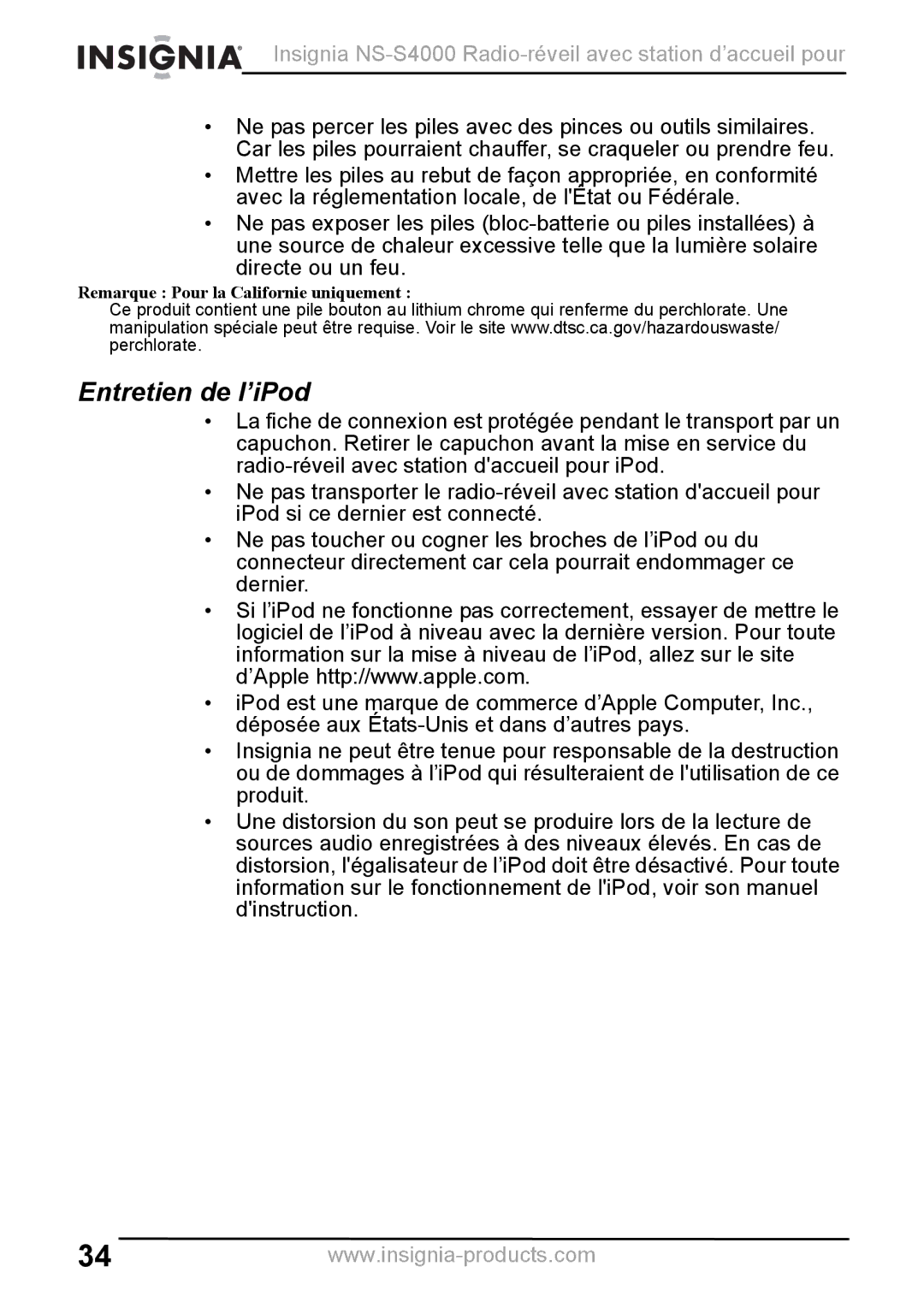 Insignia NS-S4000 manual Entretien de l’iPod 