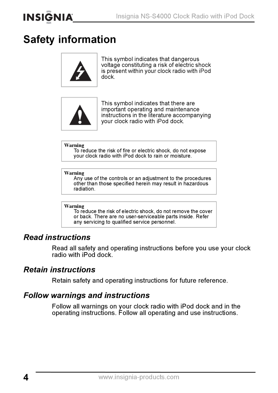 Insignia NS-S4000 manual Safety information, Read instructions, Retain instructions, Follow warnings and instructions 