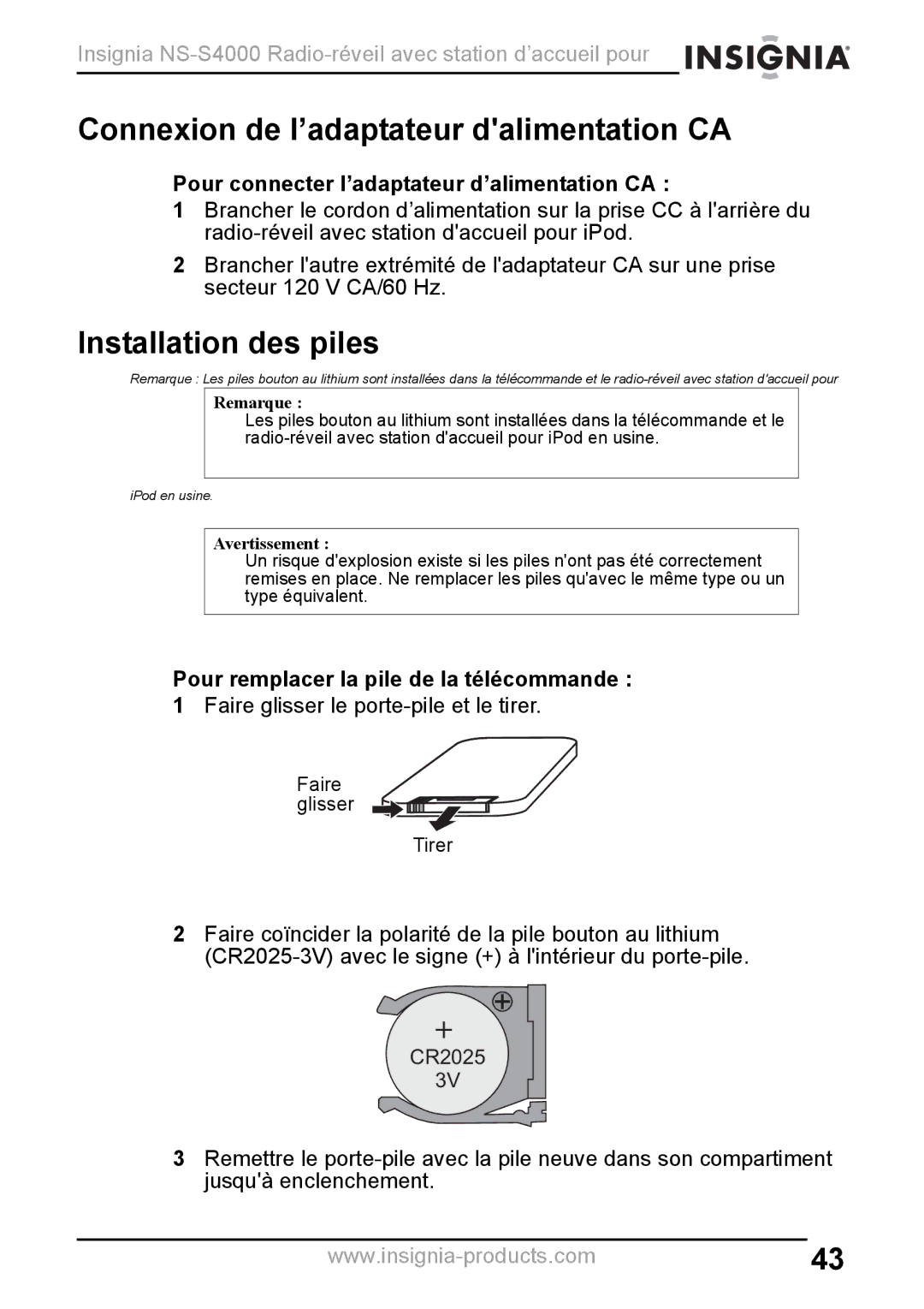 Insignia NS-S4000 manual Connexion de l’adaptateur dalimentation CA, Installation des piles 