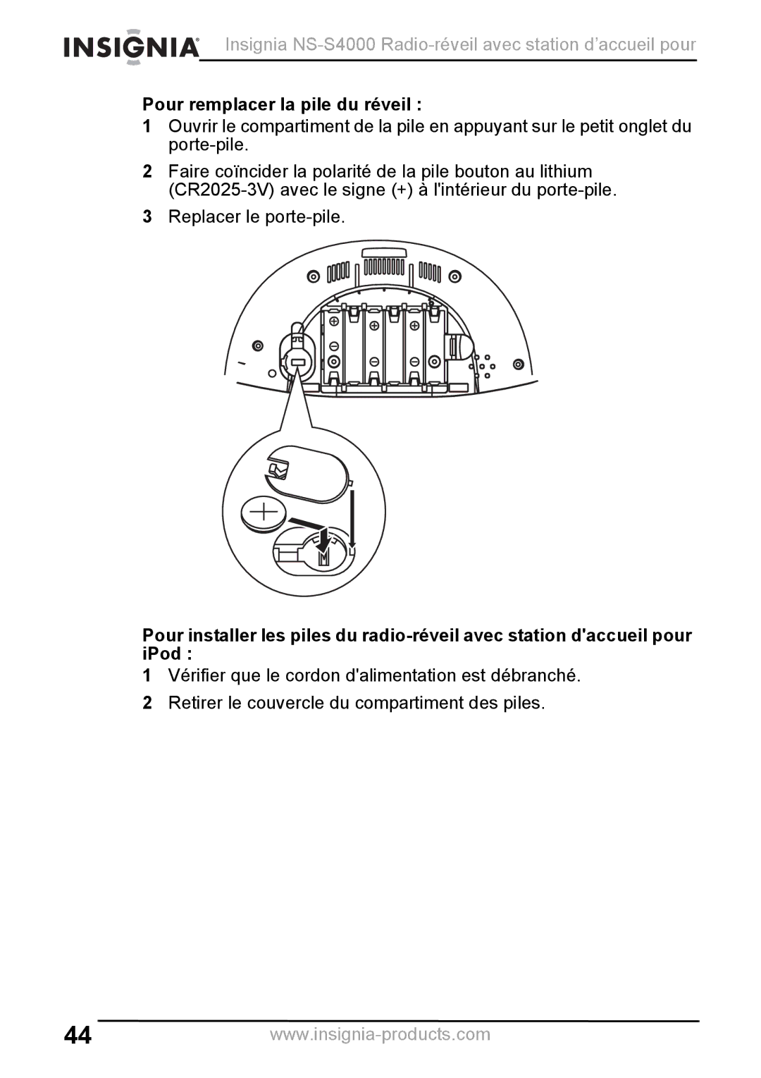 Insignia NS-S4000 manual Pour remplacer la pile du réveil 