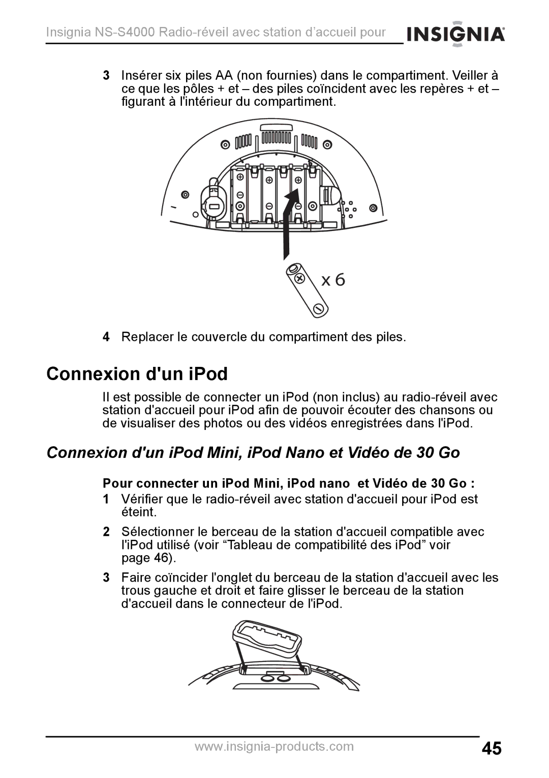 Insignia NS-S4000 manual Connexion dun iPod Mini, iPod Nano et Vidéo de 30 Go 