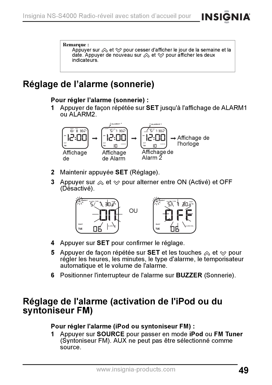 Insignia NS-S4000 manual Réglage de l’alarme sonnerie, Réglage de lalarme activation de liPod ou du syntoniseur FM 