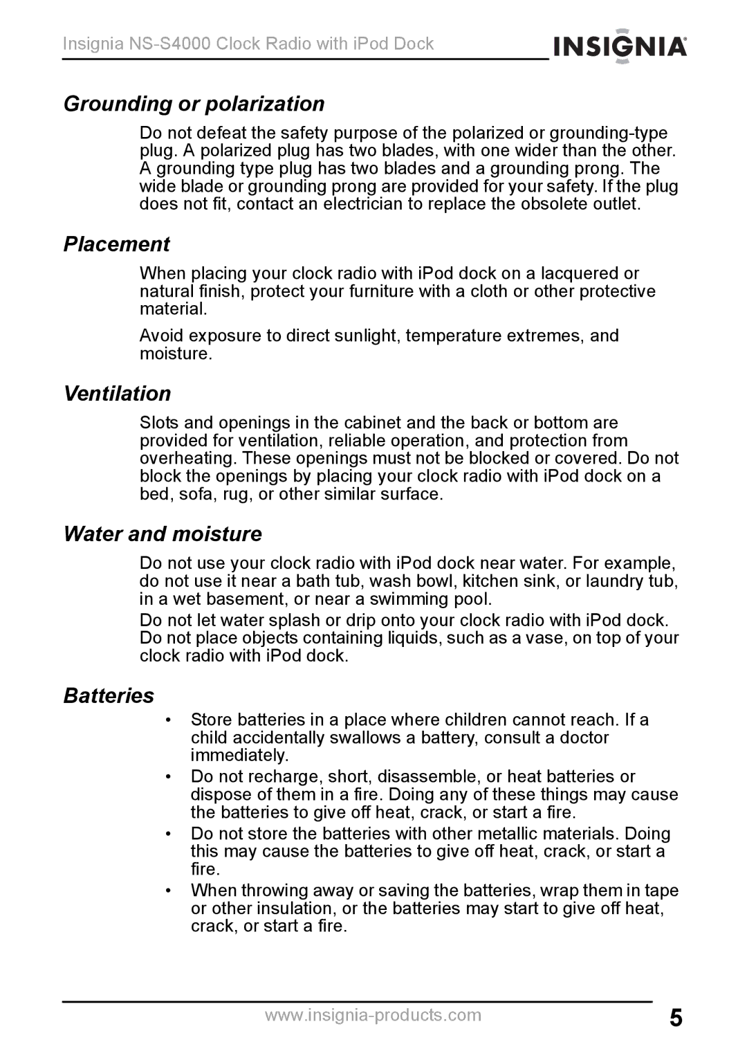 Insignia NS-S4000 manual Grounding or polarization, Placement, Ventilation, Water and moisture, Batteries 
