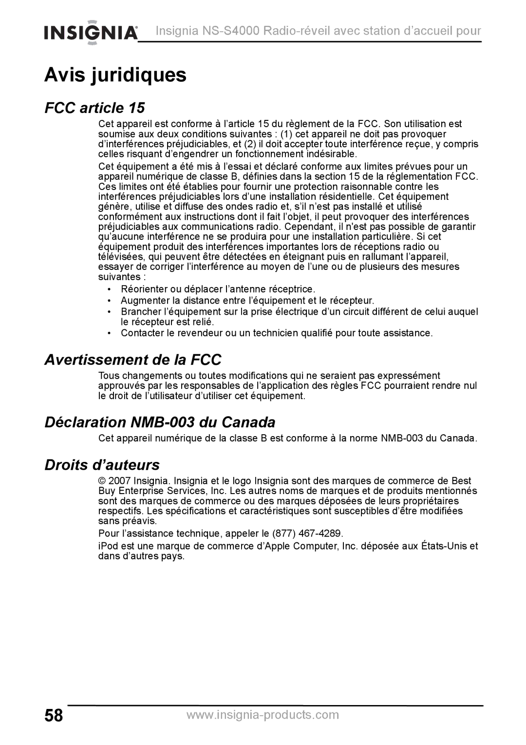 Insignia NS-S4000 Avis juridiques, FCC article, Avertissement de la FCC, Déclaration NMB-003 du Canada, Droits d’auteurs 