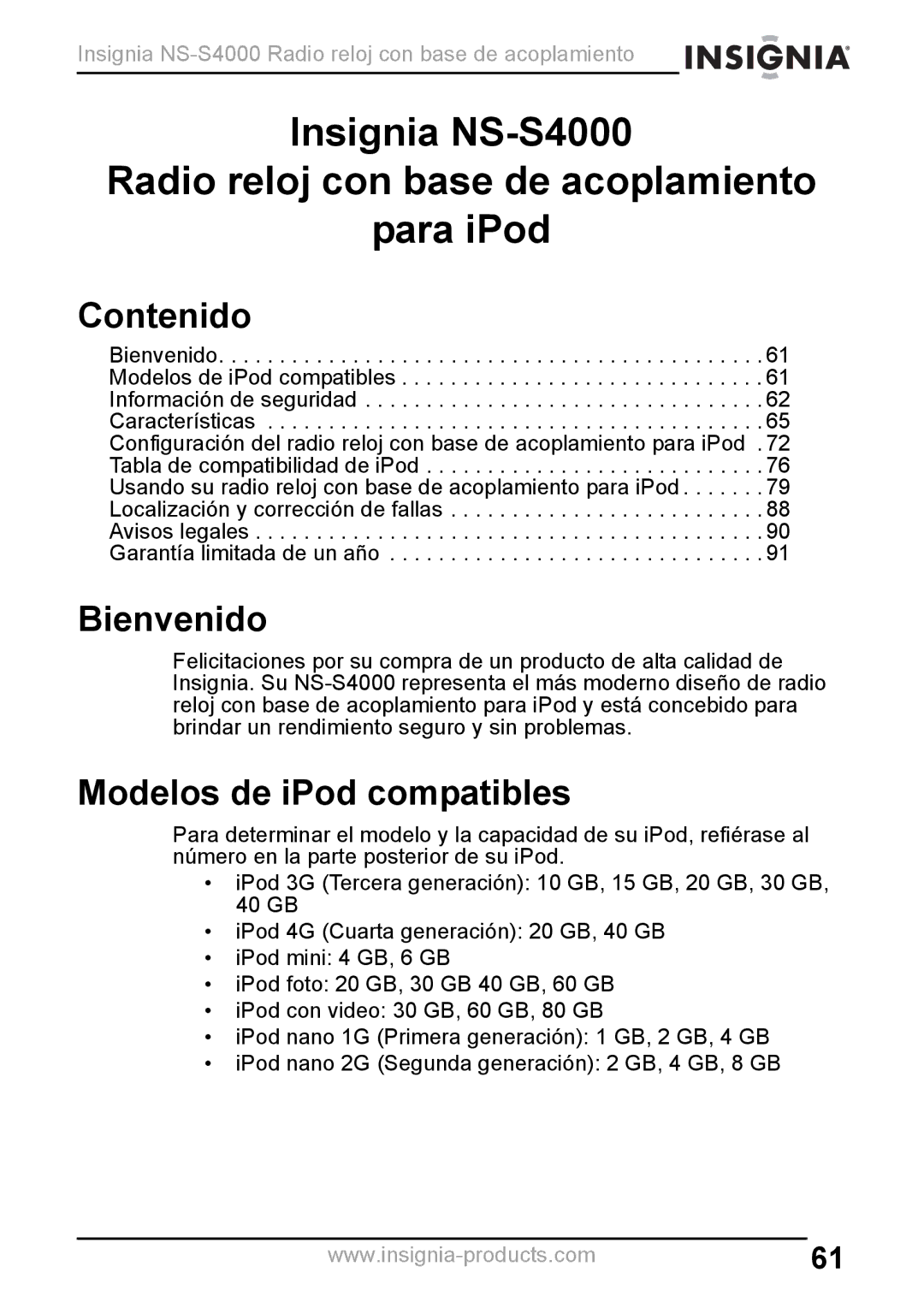 Insignia NS-S4000 manual Contenido, Bienvenido, Modelos de iPod compatibles 