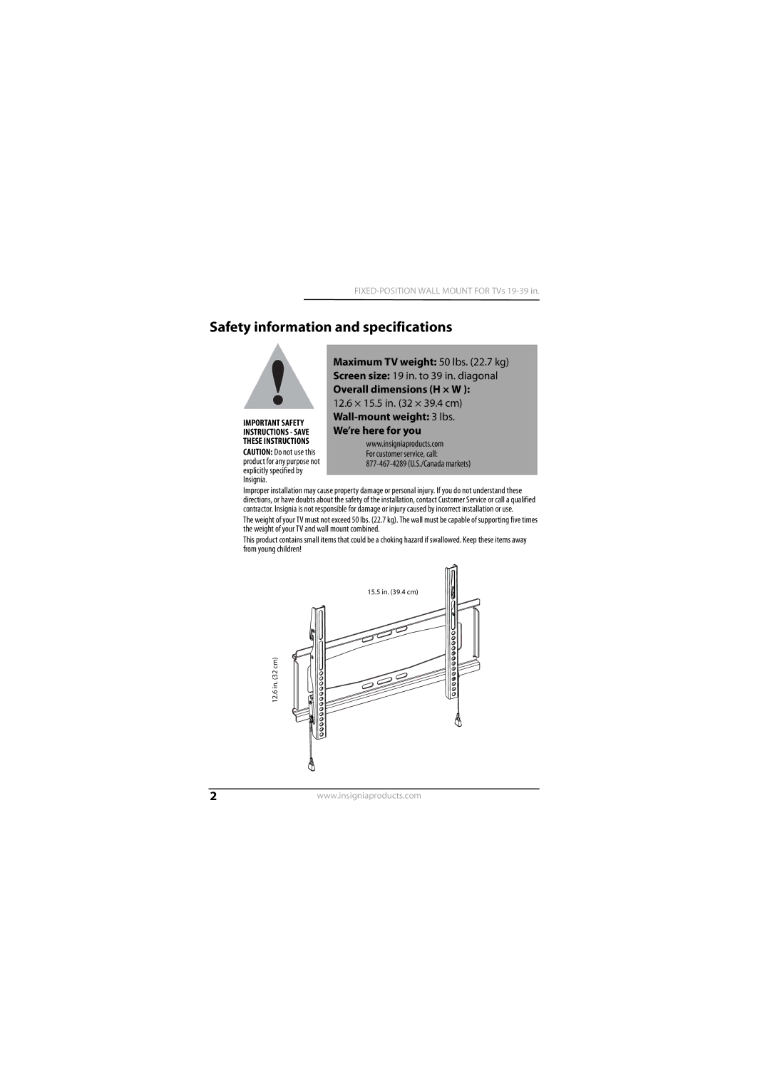 Insignia NS-TVMFP12 Safety information and specifications 