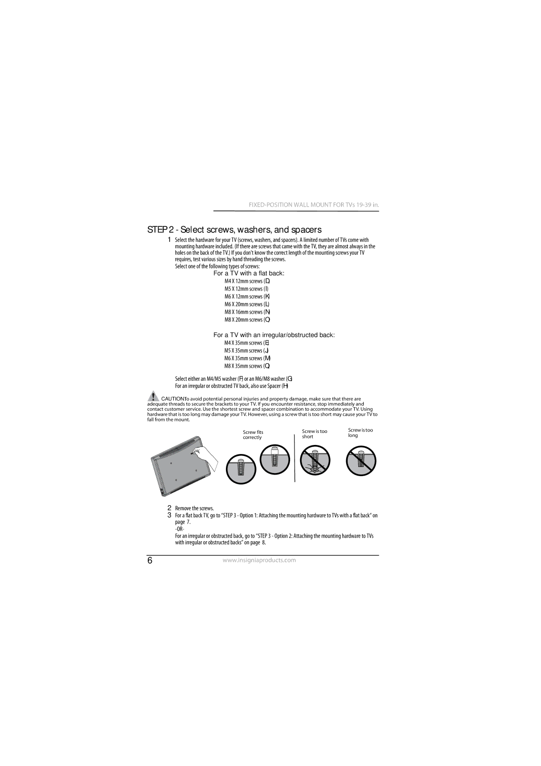 Insignia NS-TVMFP12 specifications Select screws, washers, and spacers, For a TV with a flat back 