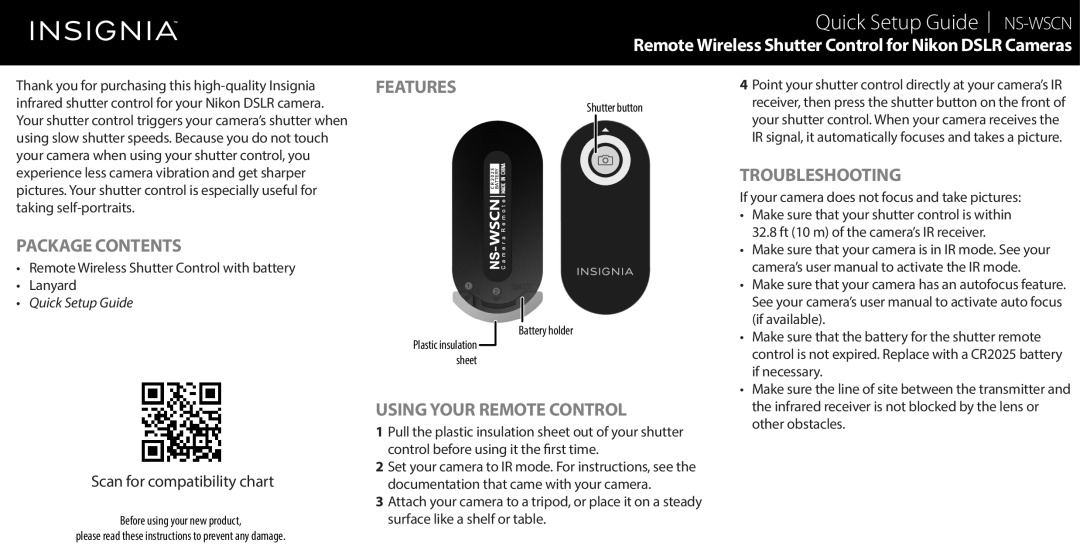 Insignia NS-WSCN setup guide Package Contents, Features, Using Your Remote Control, Troubleshooting 