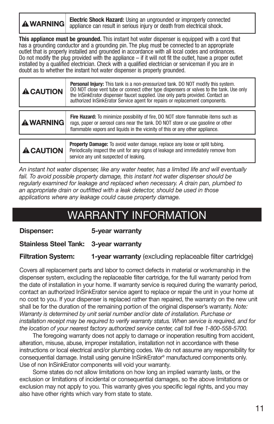 InSinkErator 1100 owner manual Warranty Information, Year warranty excluding replaceable filter cartridge 
