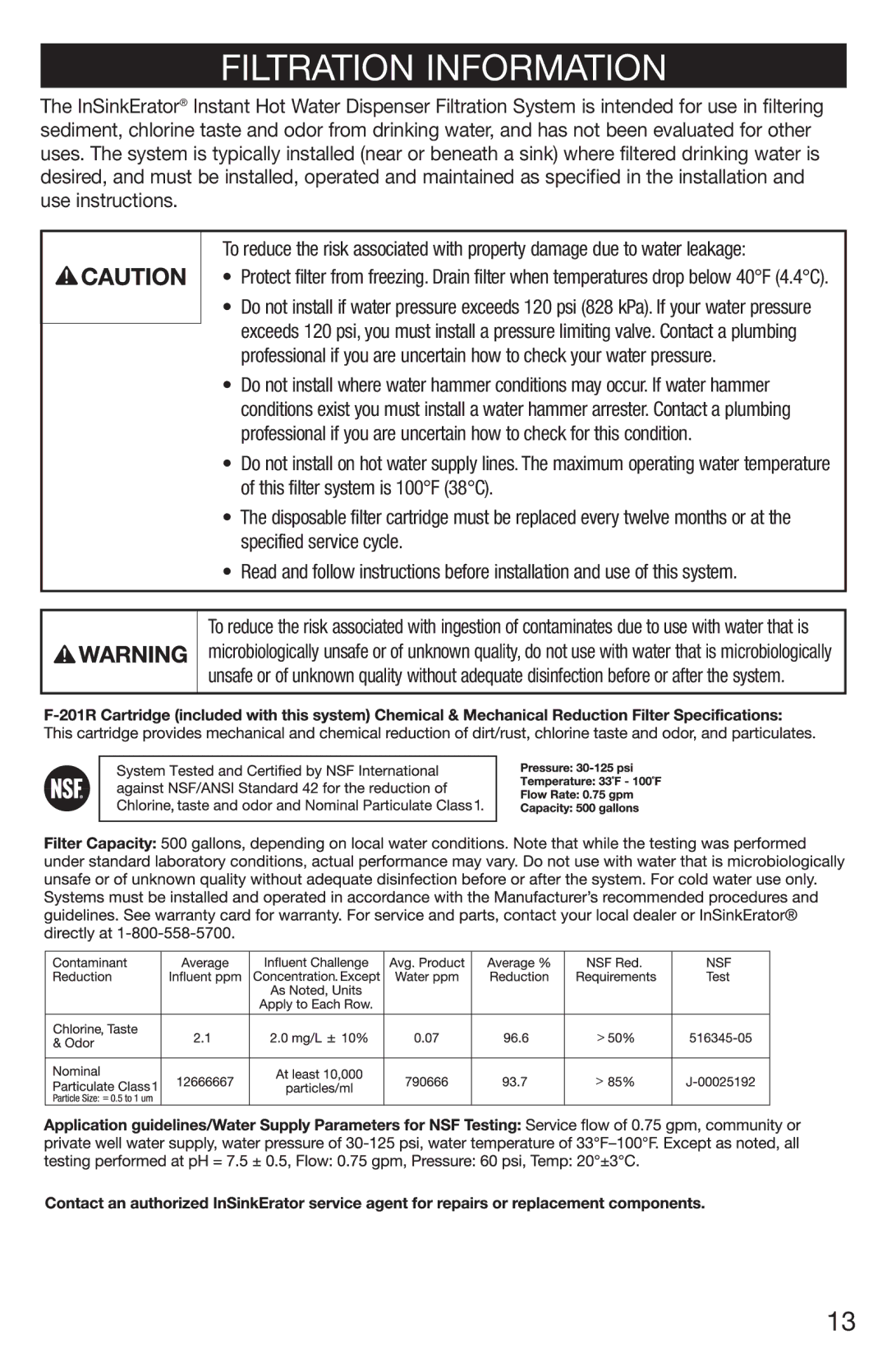 InSinkErator 1100 owner manual Filtration Information 