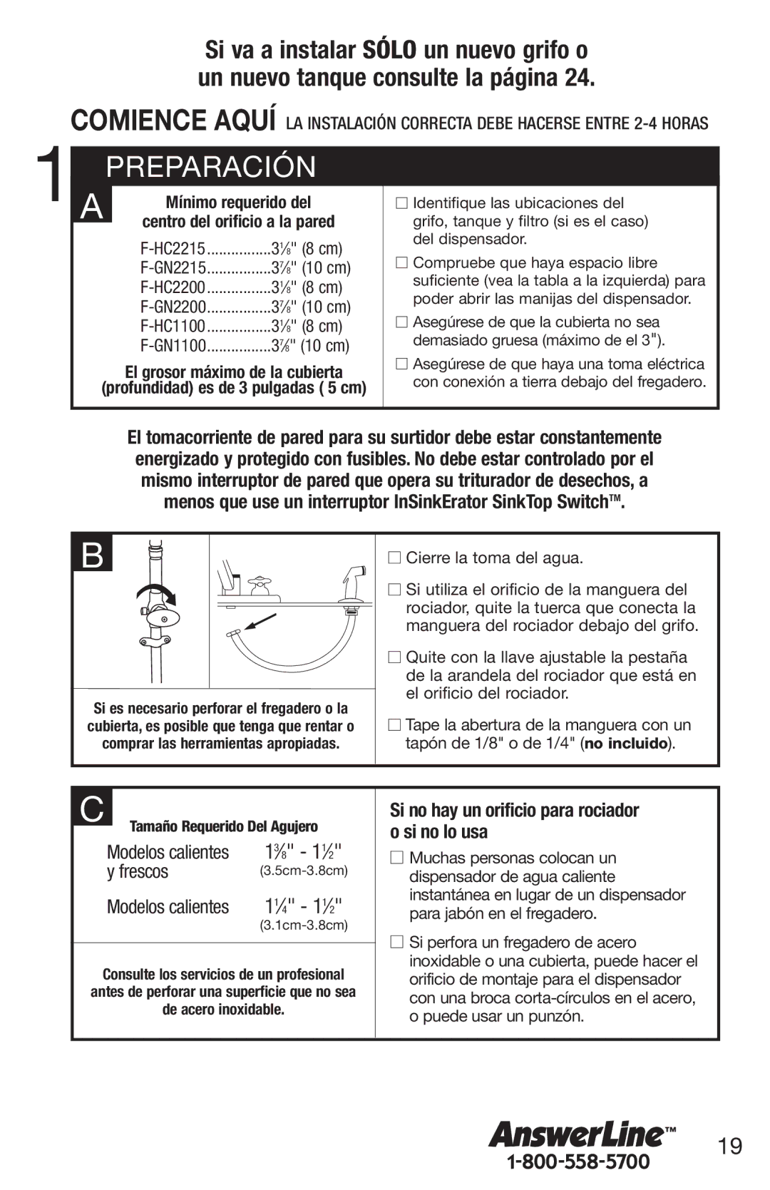 InSinkErator 1100 owner manual Preparación, Mínimo requerido del 