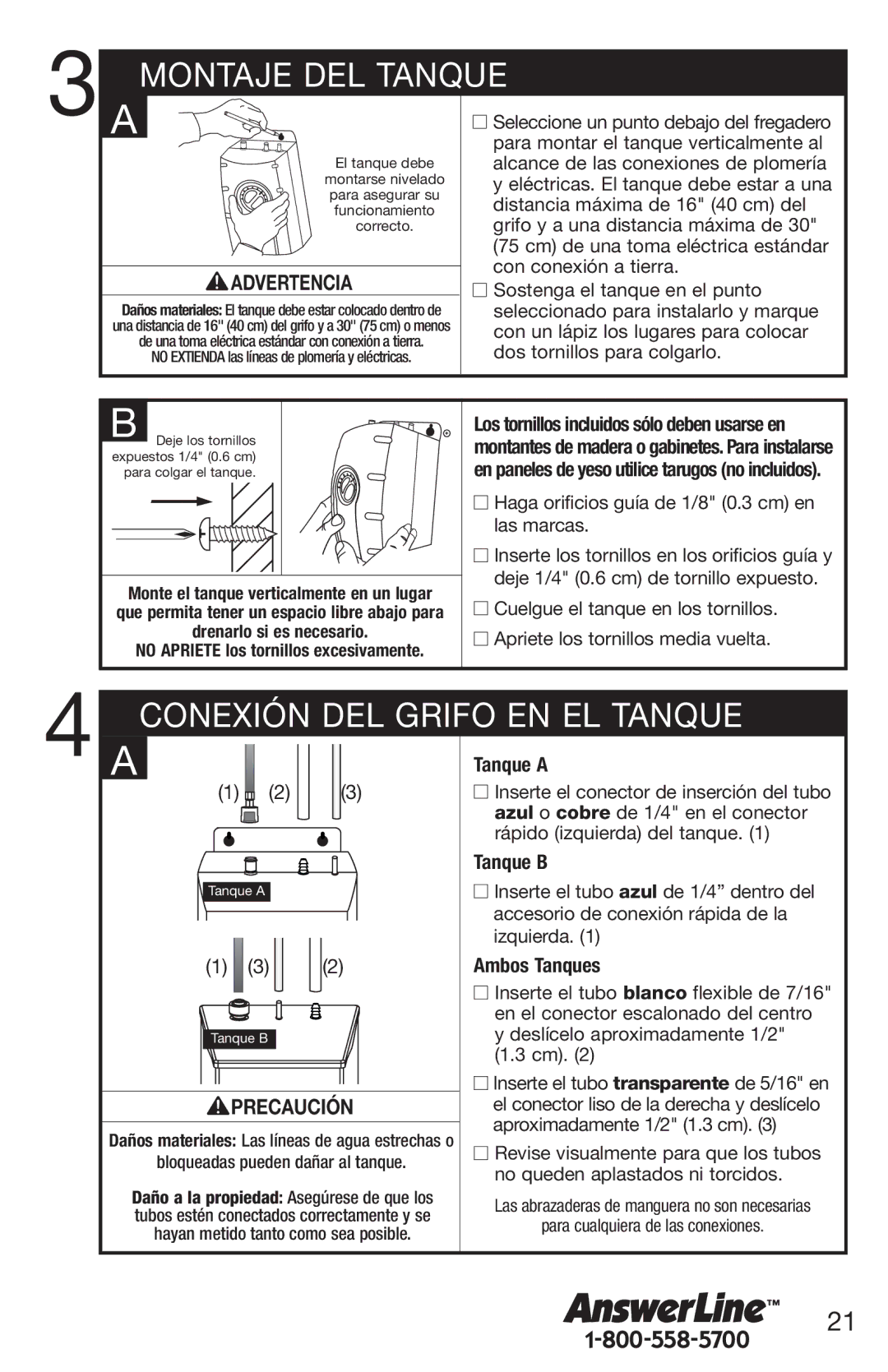 InSinkErator 1100 owner manual Montaje DEL Tanque, Conexión DEL Grifo EN EL Tanque, Tanque a, Tanque B, Ambos Tanques 