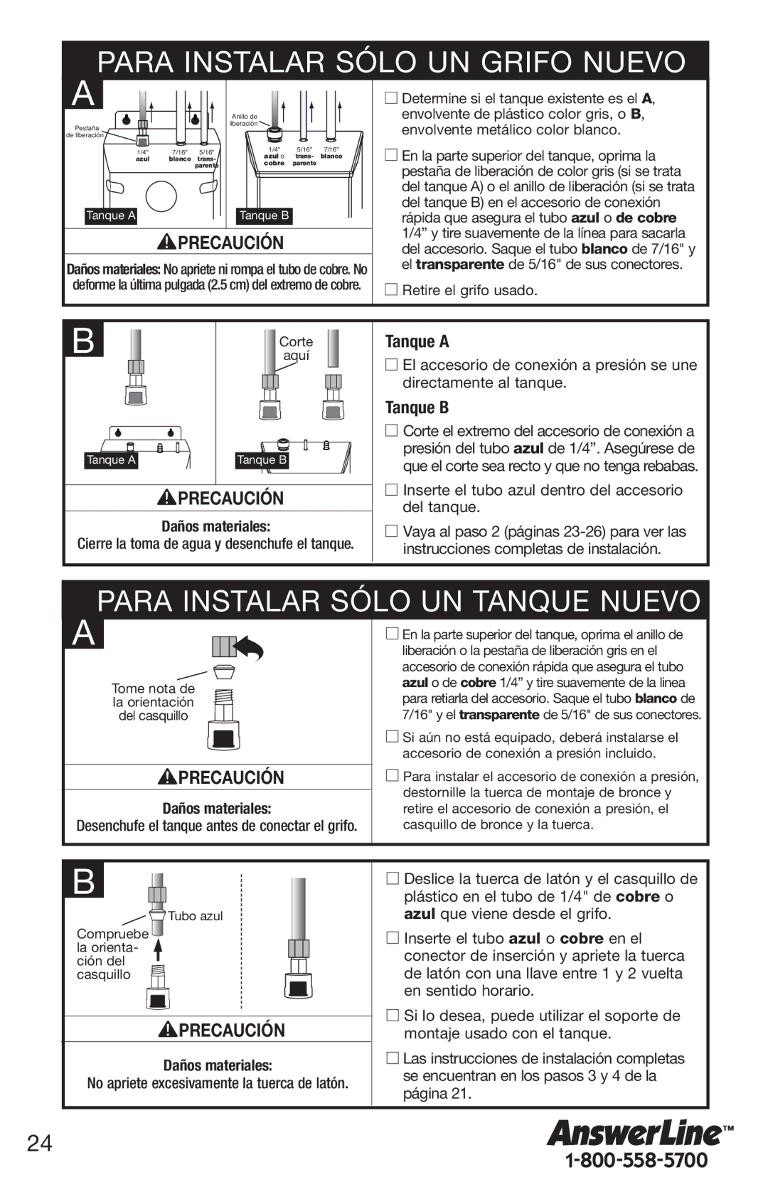 InSinkErator 1100 owner manual Para Instalar Sólo UN Grifo Nuevo, Para Instalar Sólo UN Tanque Nuevo, Del tanque 