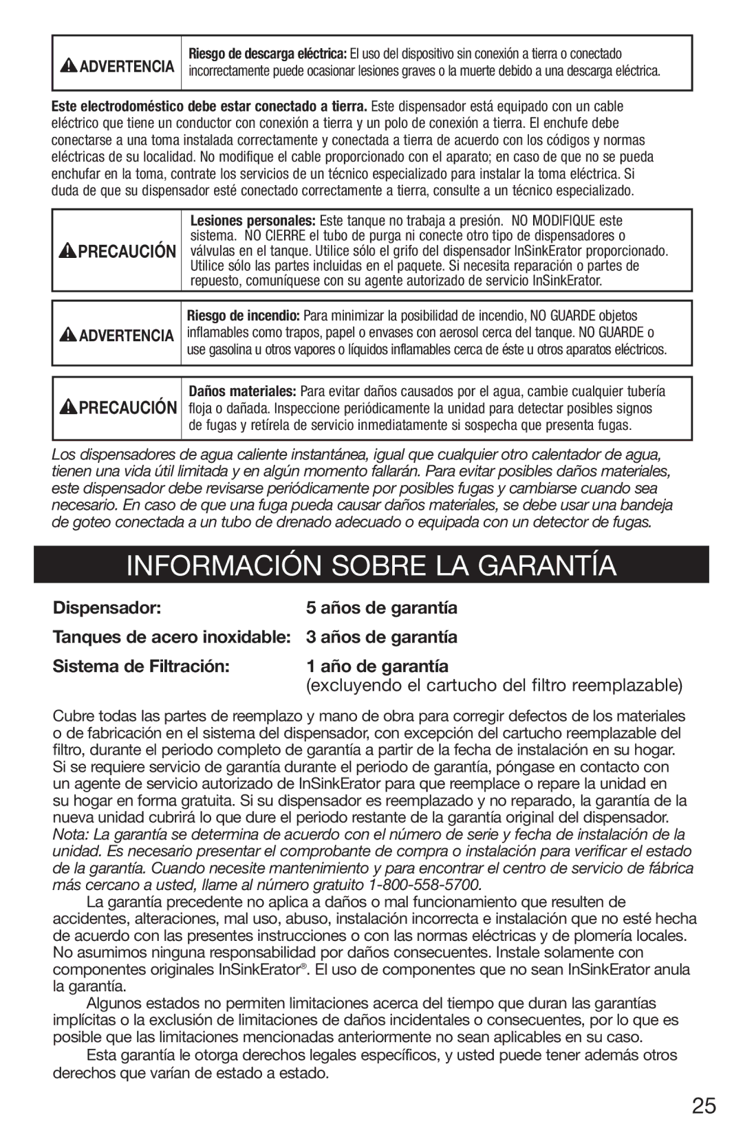 InSinkErator 1100 owner manual Información Sobre LA Garantía, Tanques de acero inoxidable 