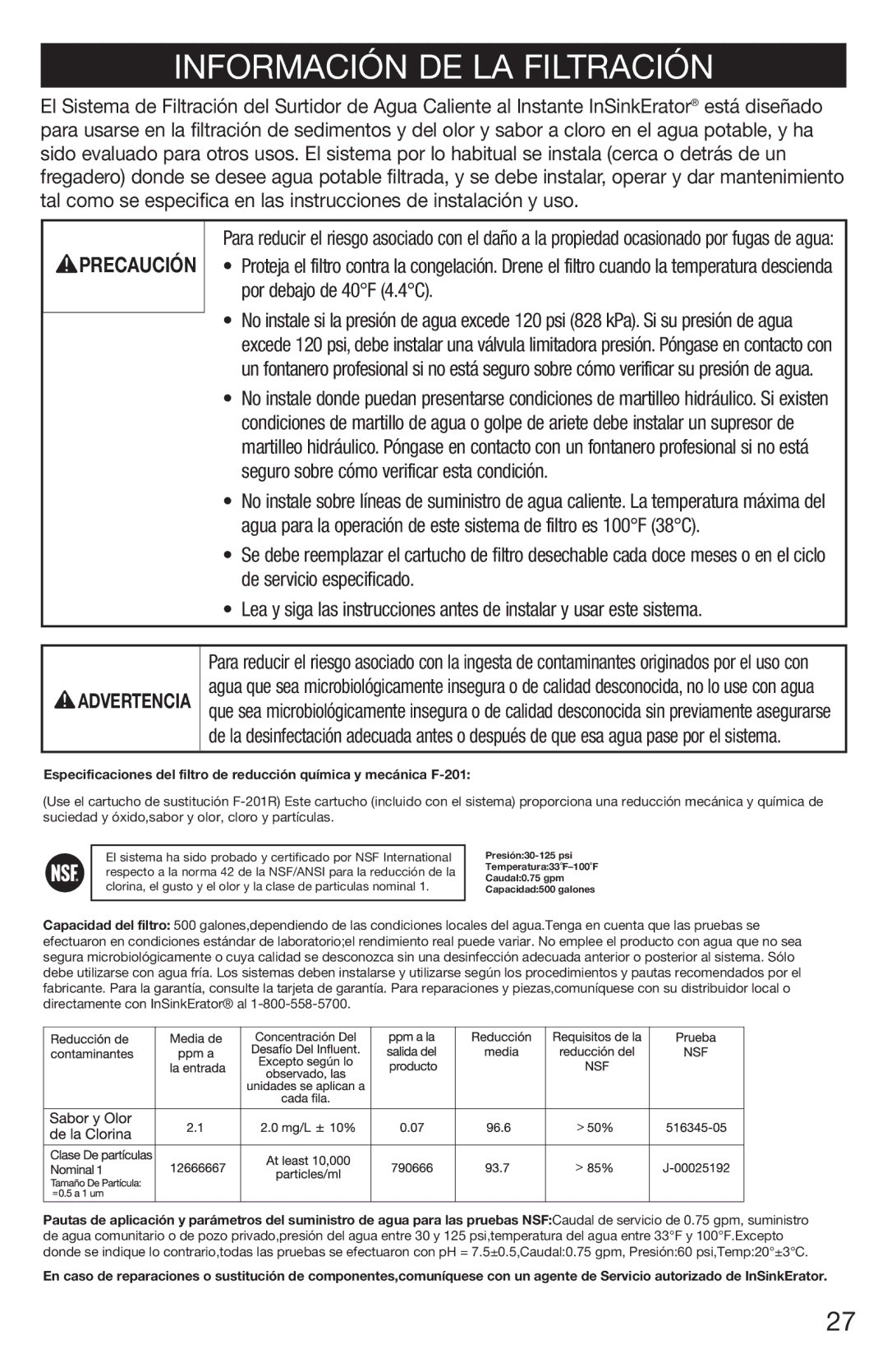 InSinkErator 1100 owner manual Información DE LA Filtración 