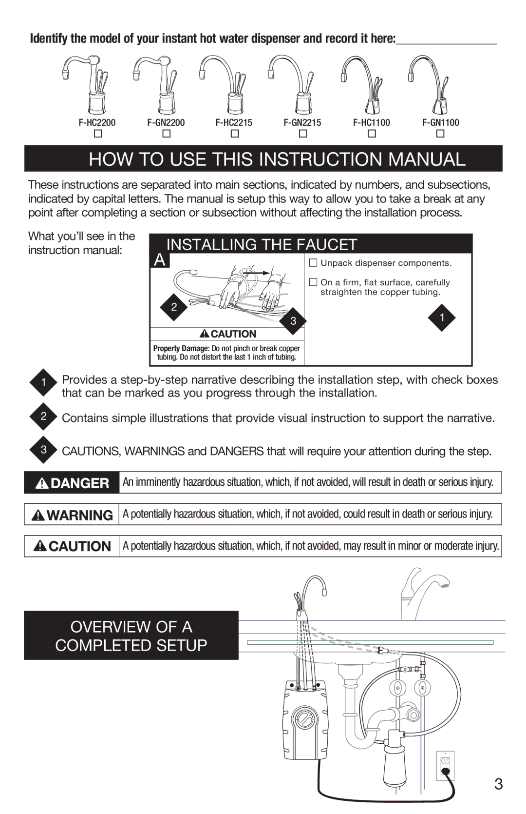 InSinkErator 1100 owner manual Unpack dispenser components, Straighten the copper tubing 