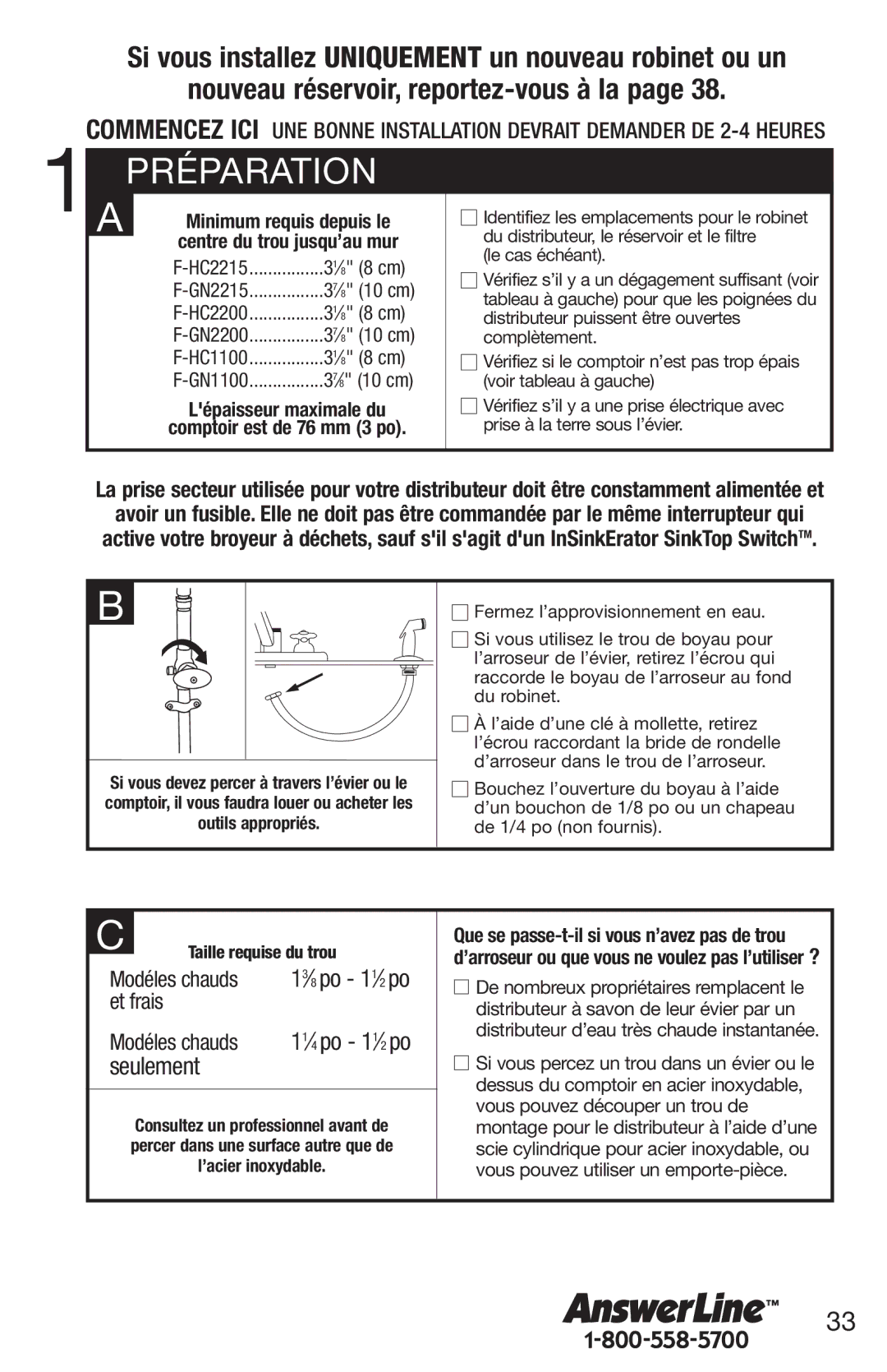 InSinkErator owner manual Préparation, GN2215 37⁄8 10 cm HC2200, GN2200 37⁄8 10 cm HC1100, GN1100 37⁄8 10 cm 