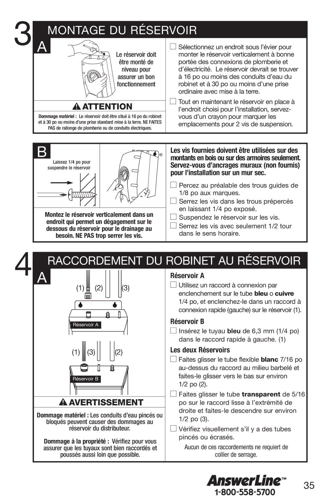 InSinkErator 1100 owner manual Montage DU Réservoir, Raccordement DU Robinet AU Réservoir, Réservoir a, Réservoir B 