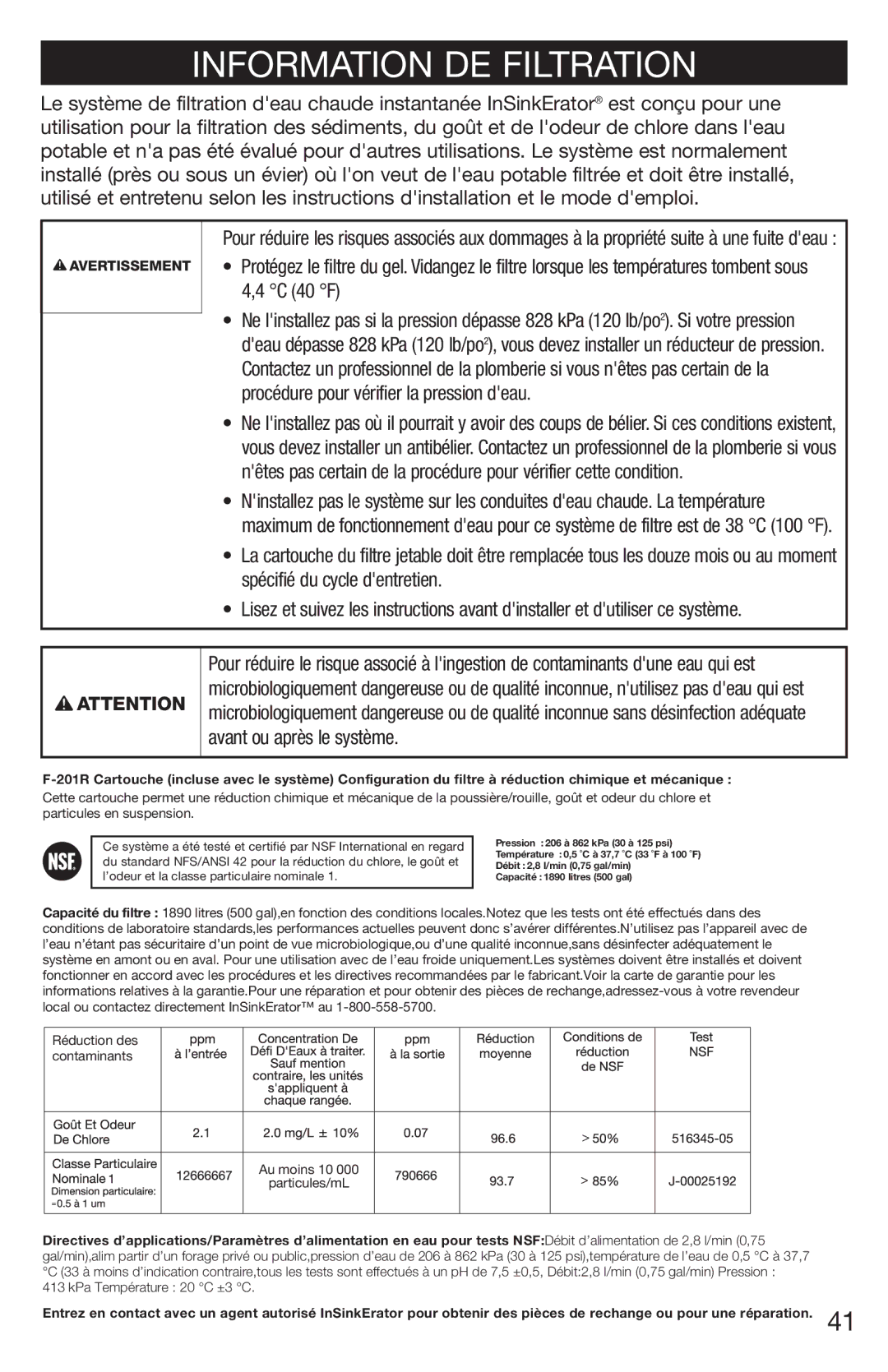 InSinkErator 1100 owner manual Information DE Filtration 