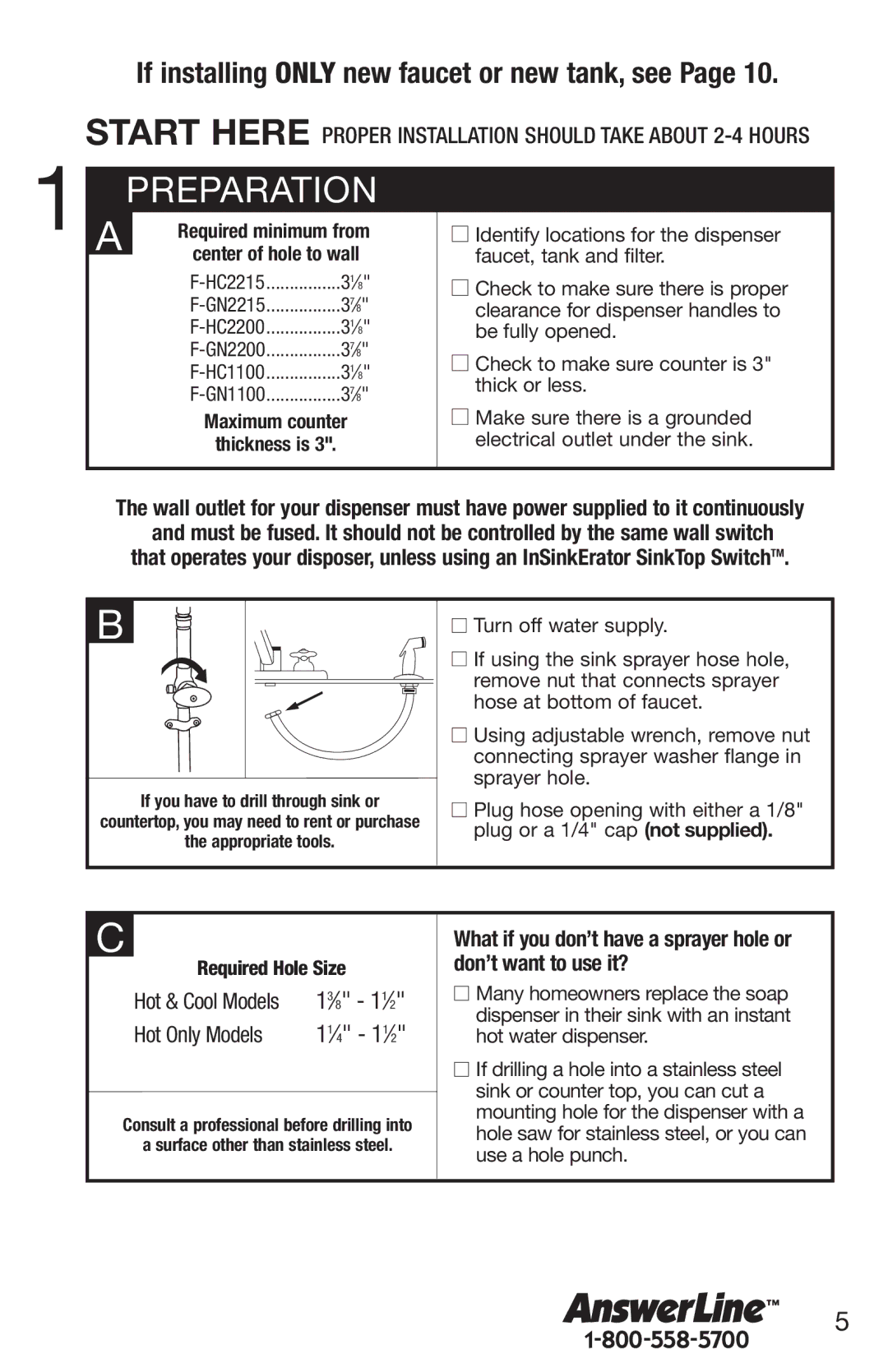 InSinkErator 1100 owner manual Preparation, 31⁄8, 37⁄8 