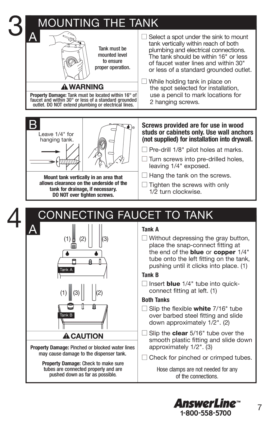 InSinkErator 1100 owner manual Mounting the Tank, Connecting Faucet to Tank, Tank a, Tank B, Both Tanks 