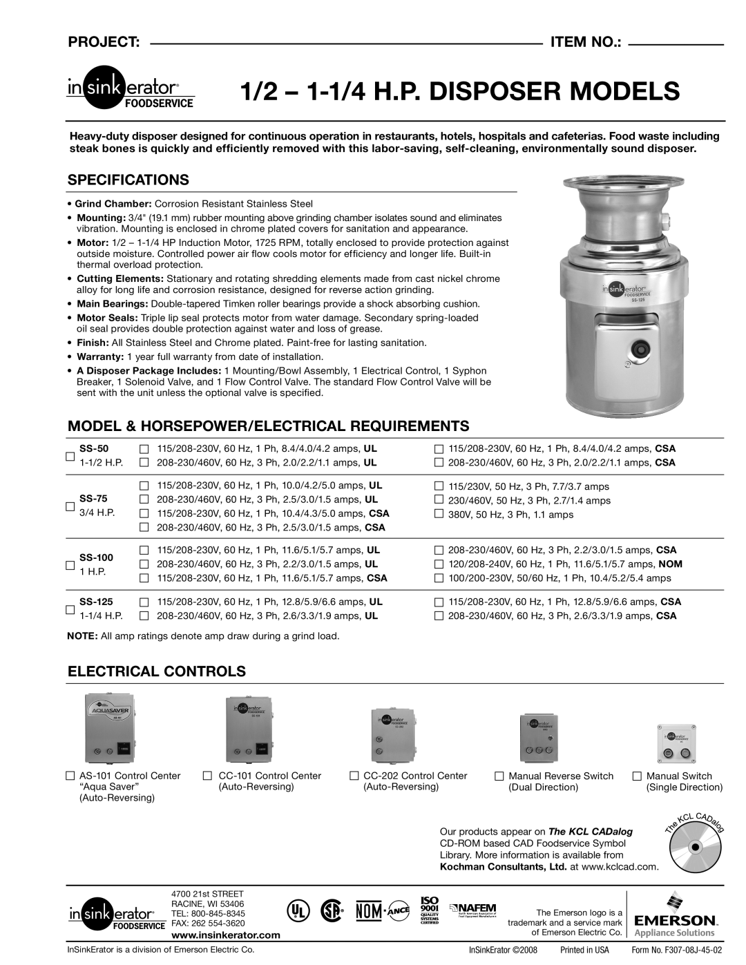 InSinkErator 1/21-1/4H.P specifications Project Item no, Specifications, Model & HORSEPOWER/ELECTRICAL Requirements 