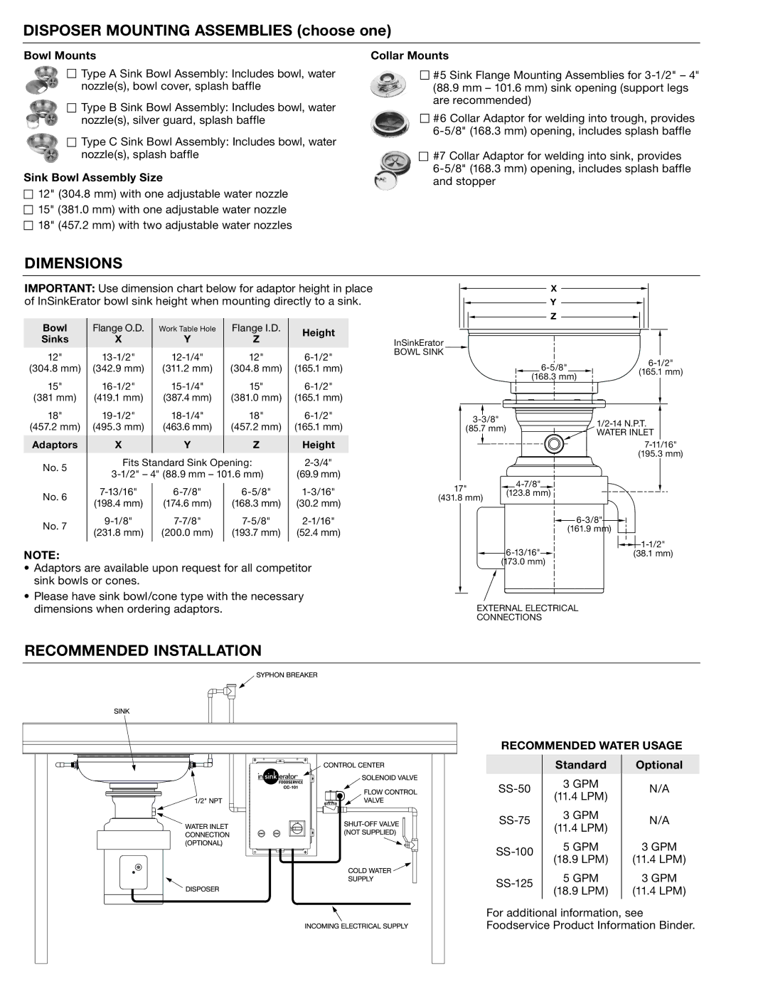 InSinkErator 1/21-1/4H.P specifications Dimensions, Recommended Installation 