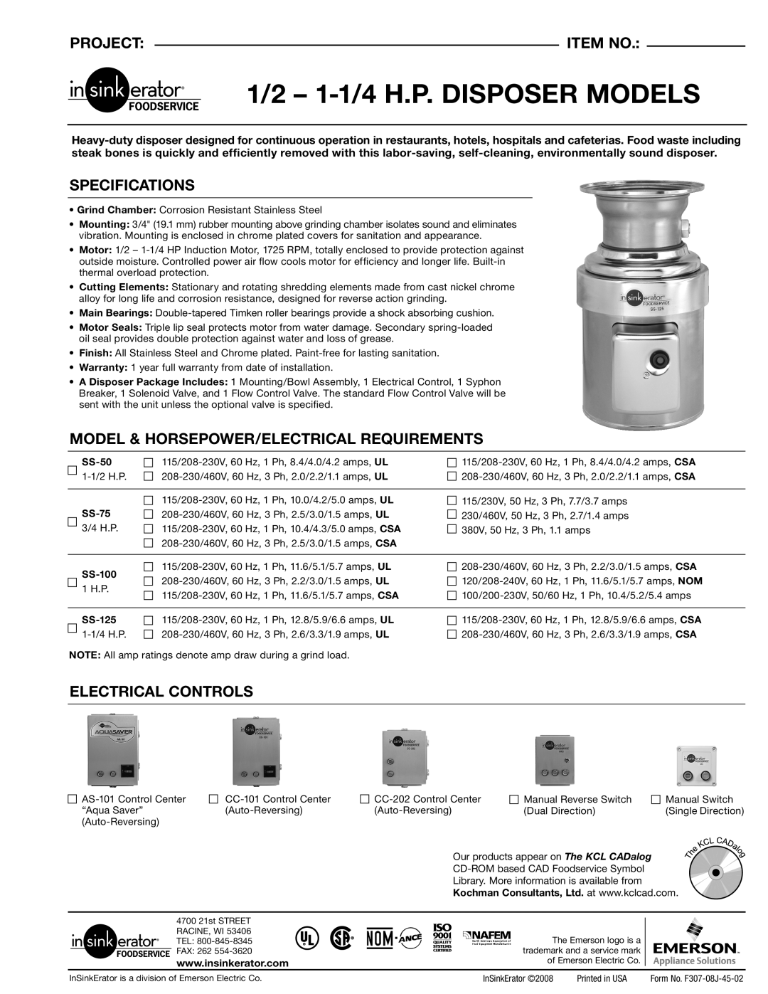 InSinkErator 1/21-1/4H.P specifications Project, Item No, Specifications, Model & Horsepower/Electrical Requirements 