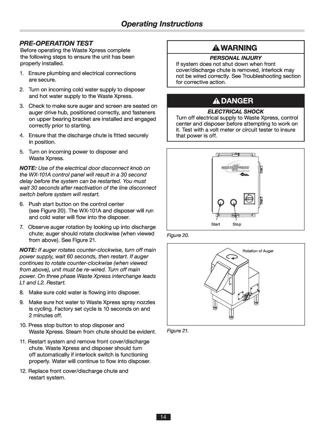 InSinkErator 14481 manual Operating Instructions, Pre-Operation Test, Personal Injury, Electrical Shock 