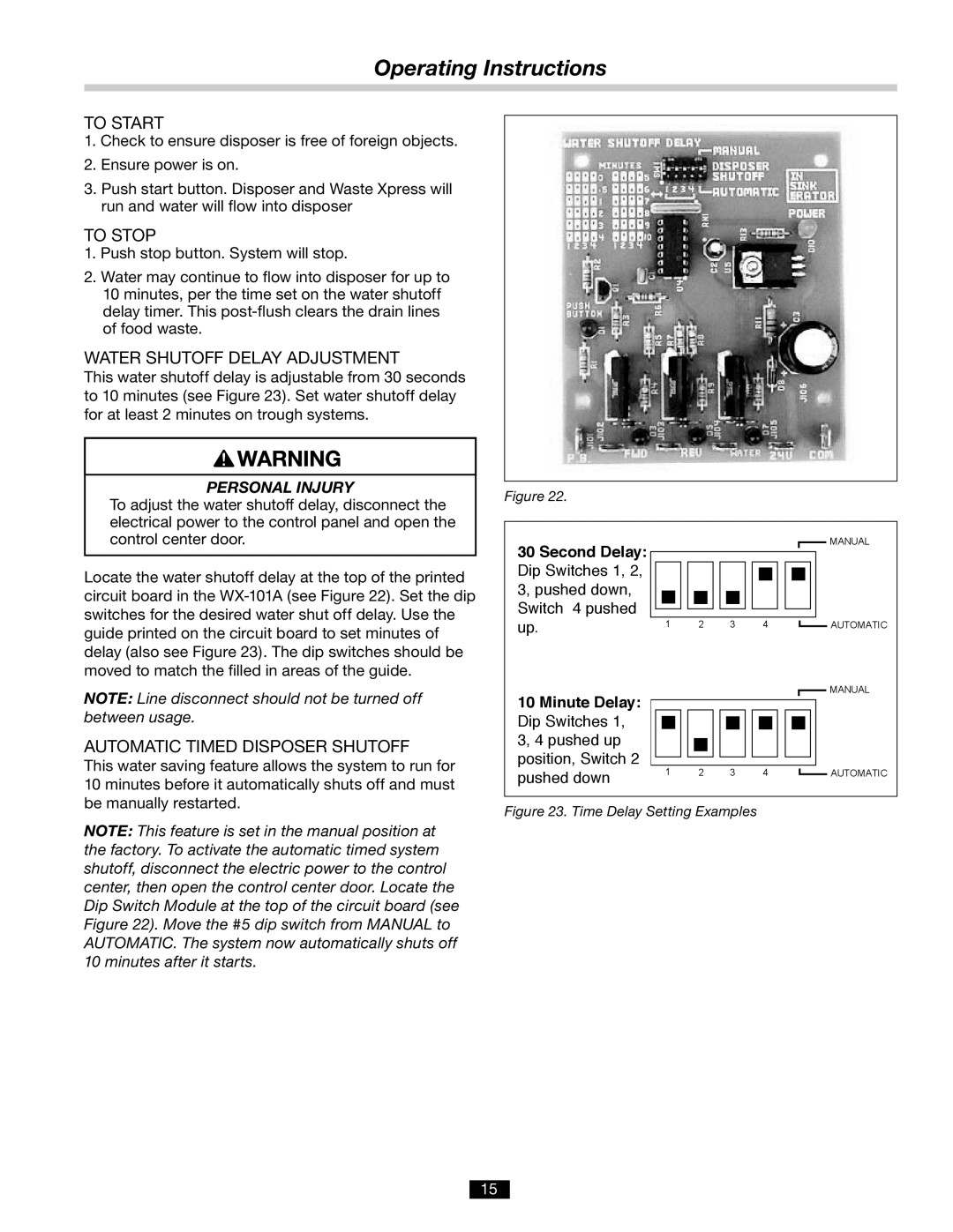 InSinkErator 14481 manual Operating Instructions, To Start, To Stop, Water Shutoff Delay Adjustment, Personal Injury 