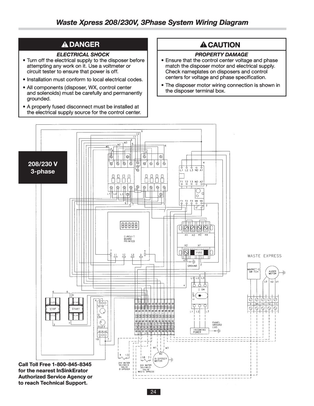 InSinkErator 14481 manual Waste Xpress 208/230V, 3Phase System Wiring Diagram, 120 208/230 1-phase 3-phase 1/2 to 2 HP 
