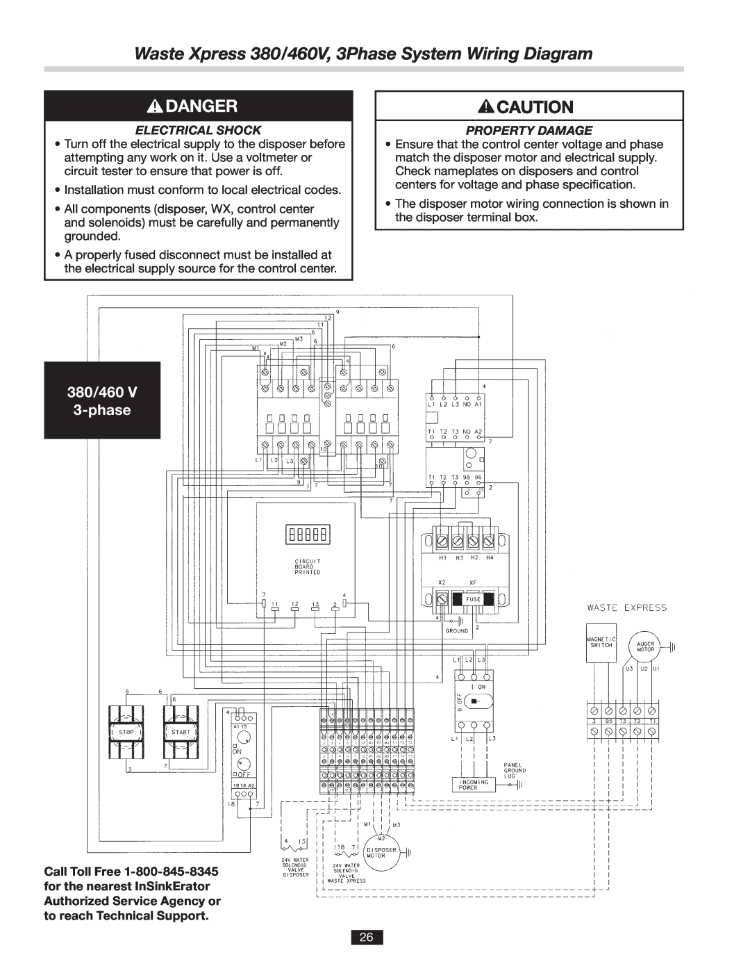InSinkErator 14481 manual Waste Xpress 380/460V, 3Phase System Wiring Diagram, 120 380/460 1-phase 3-phase 1/2 to 2 HP 