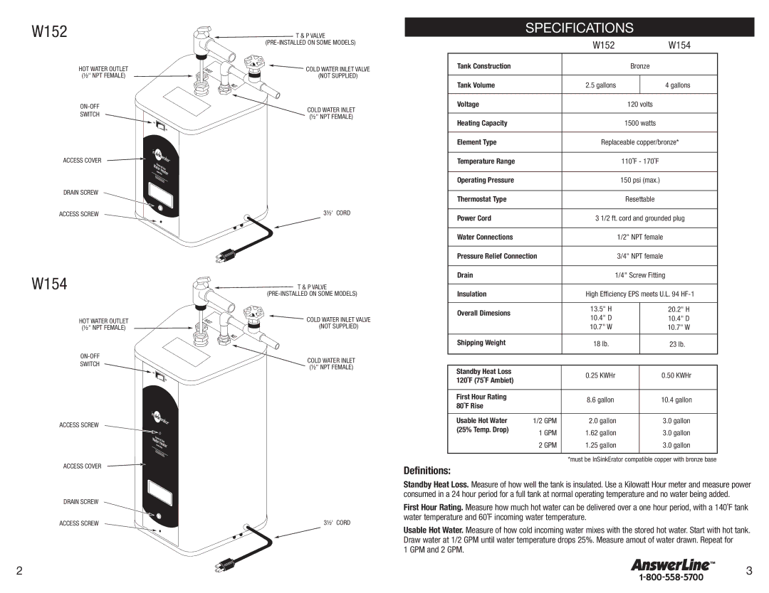 InSinkErator owner manual Specifications, W154, W152, GPM and 2 GPM 