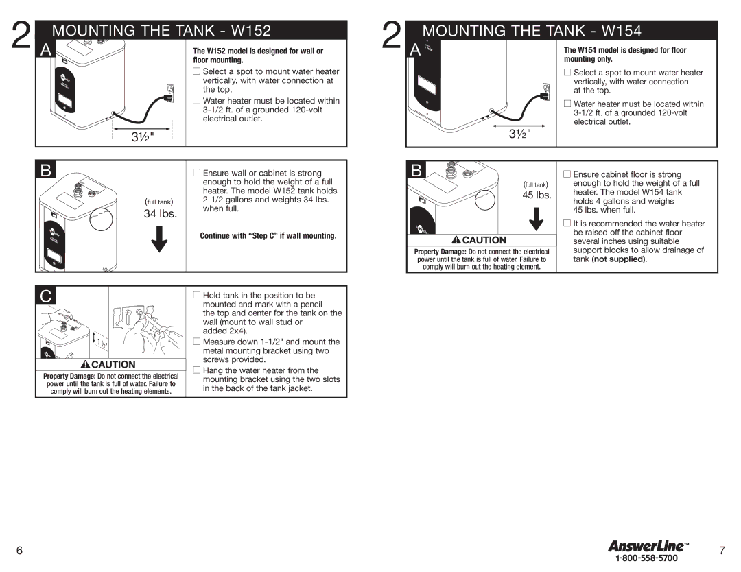 InSinkErator owner manual Mounting the Tank W152, Mounting the Tank W154, 45 lbs 