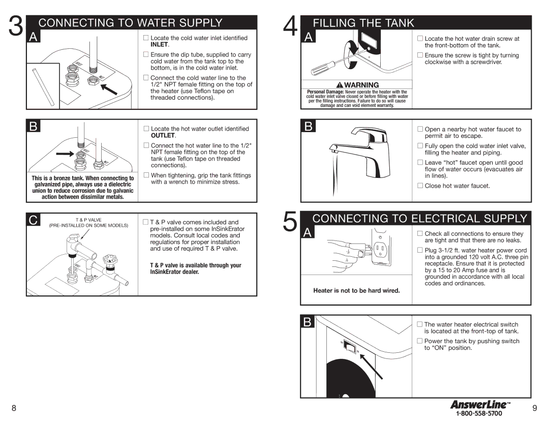 InSinkErator 154, 152 owner manual Connecting to Water Supply, Filling the Tank, Connecting to Electrical Supply 