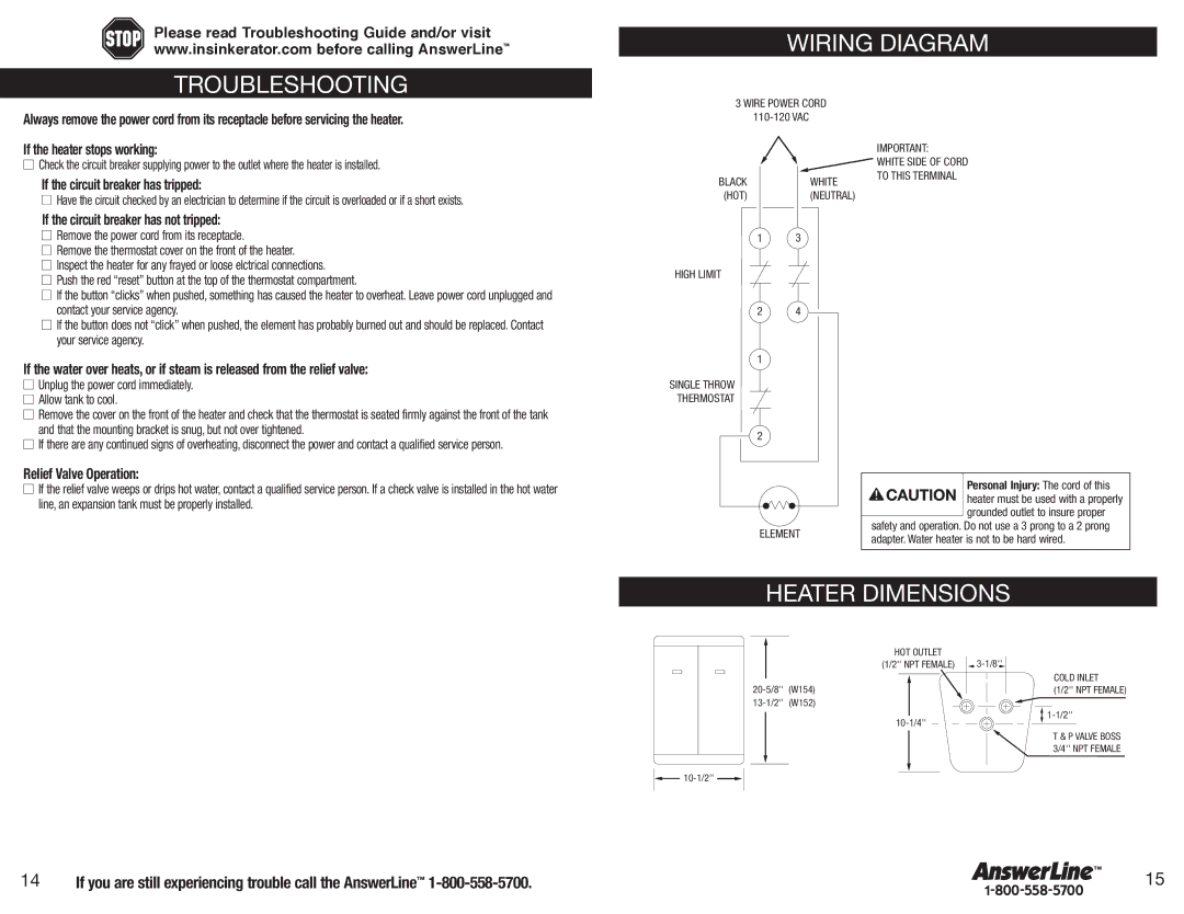 InSinkErator 152, 154 owner manual Troubleshooting, Wiring Diagram, Heater Dimensions, Relief Valve Operation 