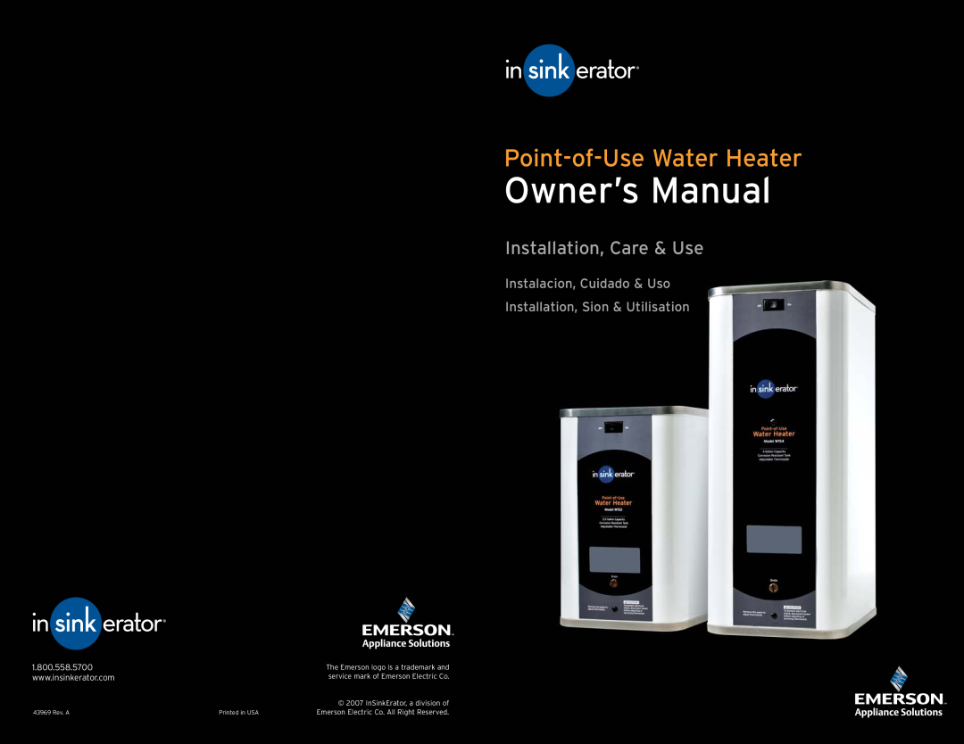 InSinkErator 154 owner manual Point-of-UseWater Heater, Installation, Care & Use, Instalacion, Cuidado & Uso, 43969 Rev. A 