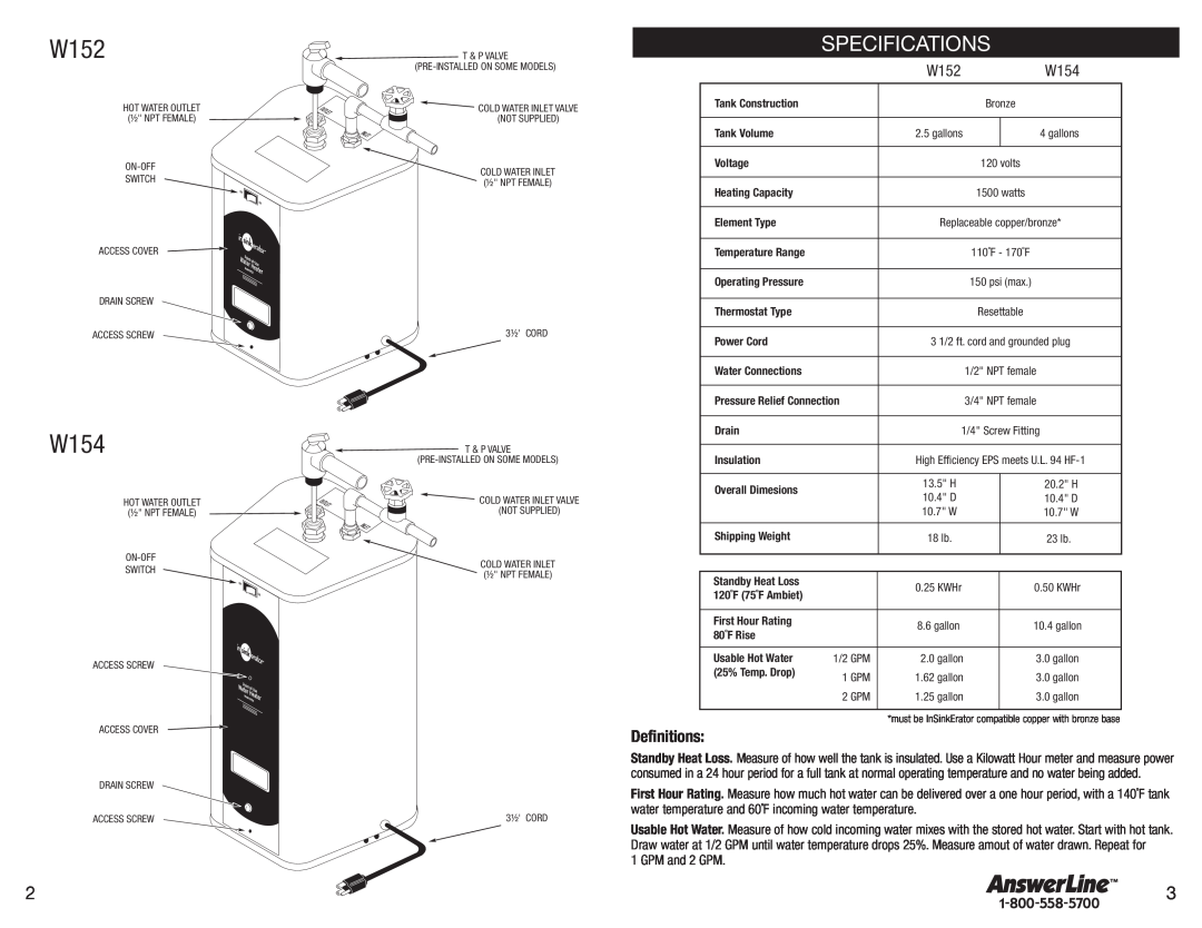 InSinkErator owner manual Specifications, Definitions, W154, W152 