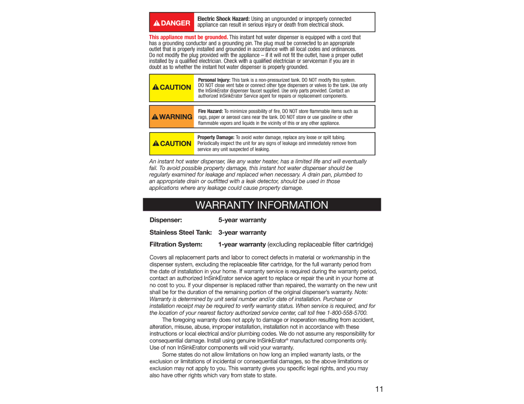 InSinkErator 2200 owner manual Warranty Information, Year warranty excluding replaceable filter cartridge 