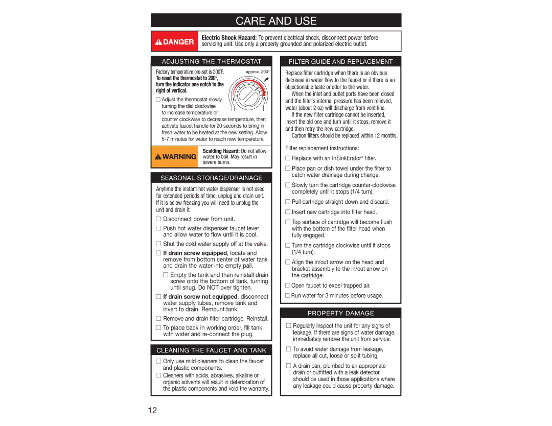 InSinkErator 2200 owner manual Care and USE, Adjusting the Thermostat 