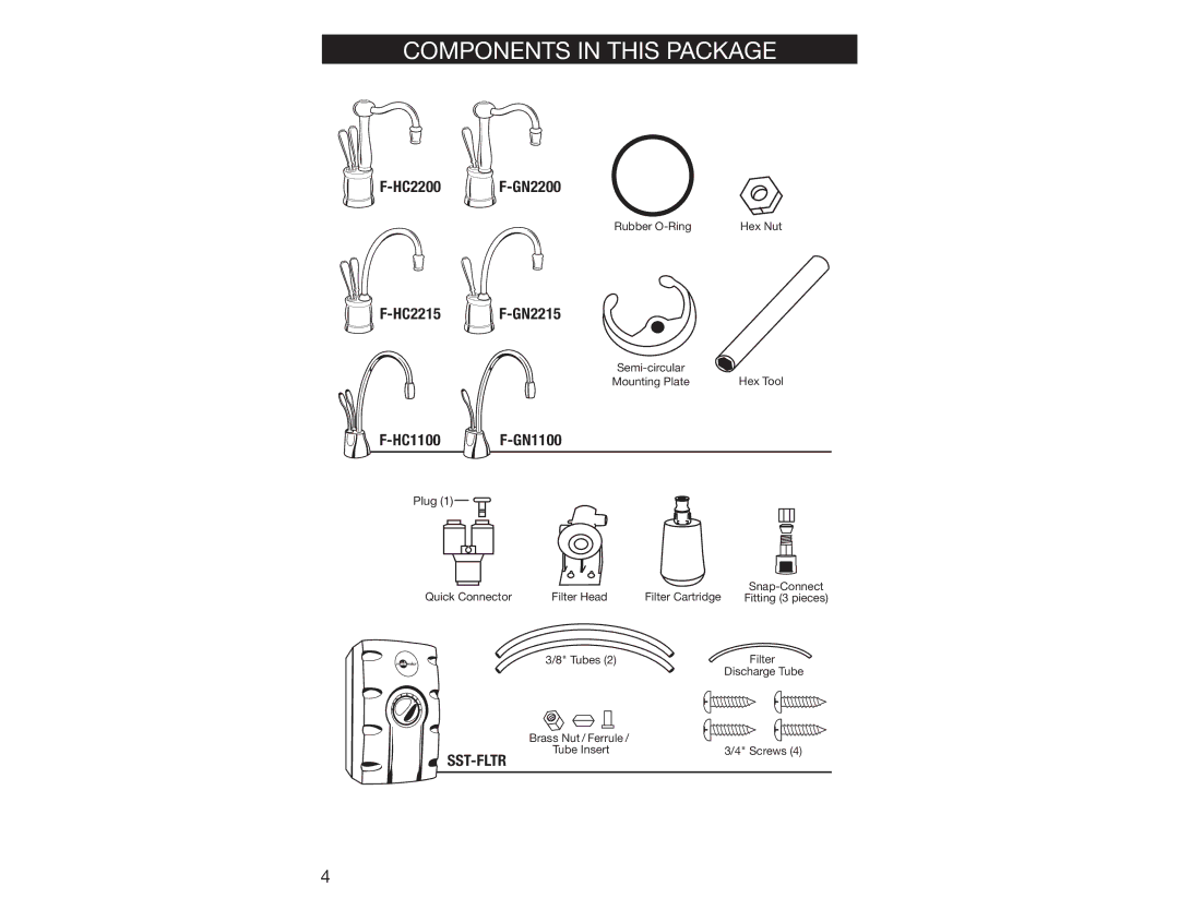 InSinkErator 2200 Components in this Package, Semi-circular Mounting Plate Hex Tool, Filter Head, Fitting 3 pieces 