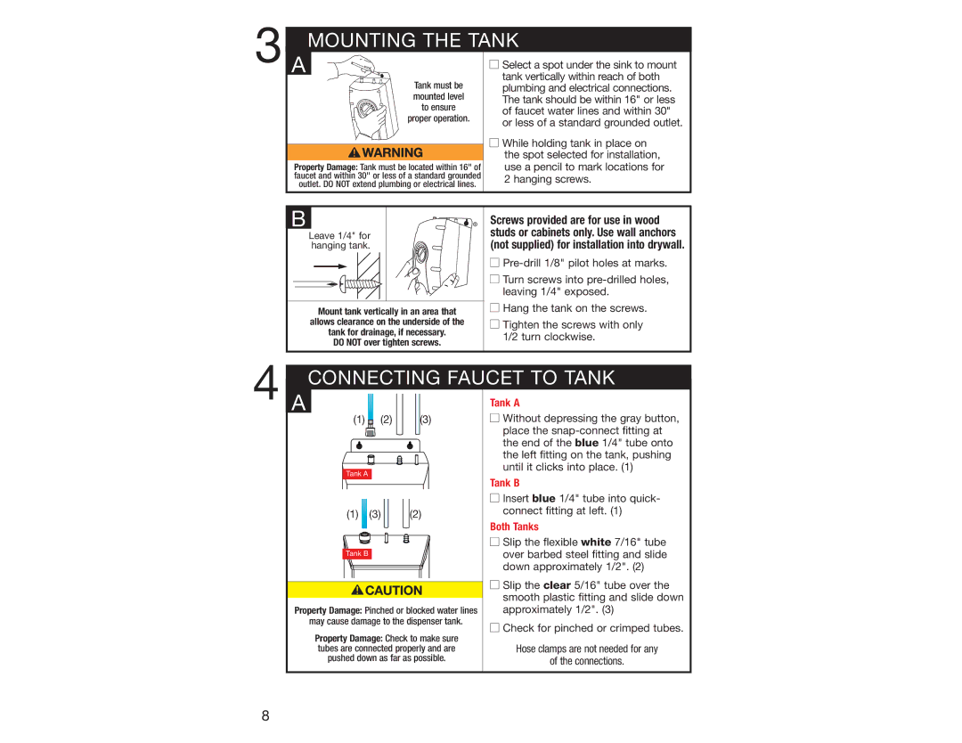 InSinkErator 2200 Mounting the Tank, Connecting Faucet to Tank, Tank must be mounted level to ensure proper operation 