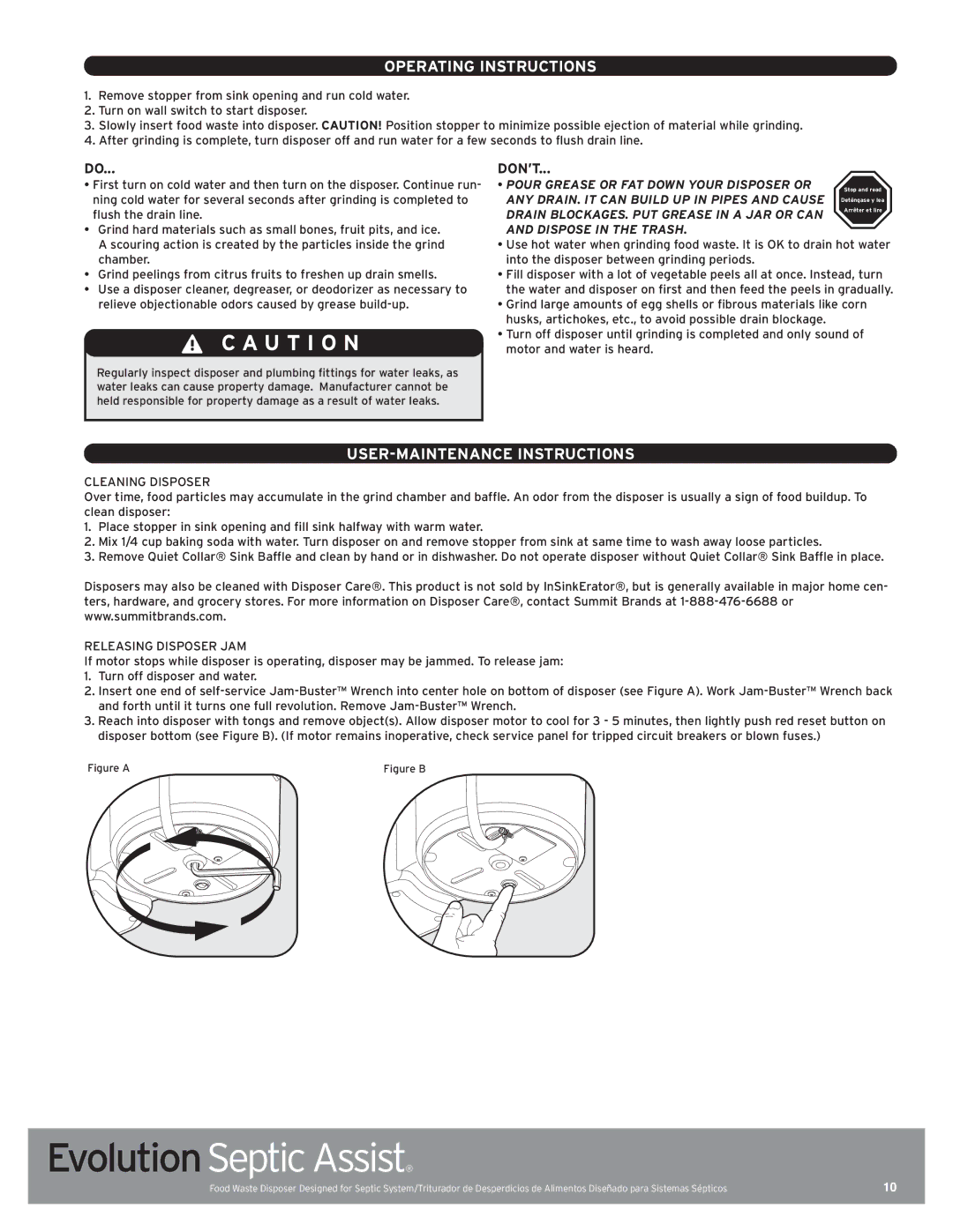 InSinkErator 76137 manual Ca Ut Ion, Operating Instructions, USER-MAINTENANCE Instructions 