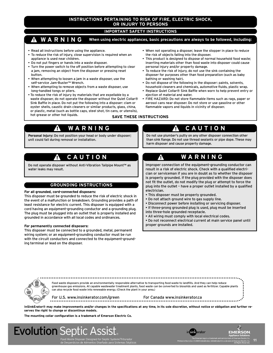 InSinkErator 76137 manual Wa Rn I Ng, WA R N in G, Ca U Tio N, Wa Rn Ing, Grounding Instructions 