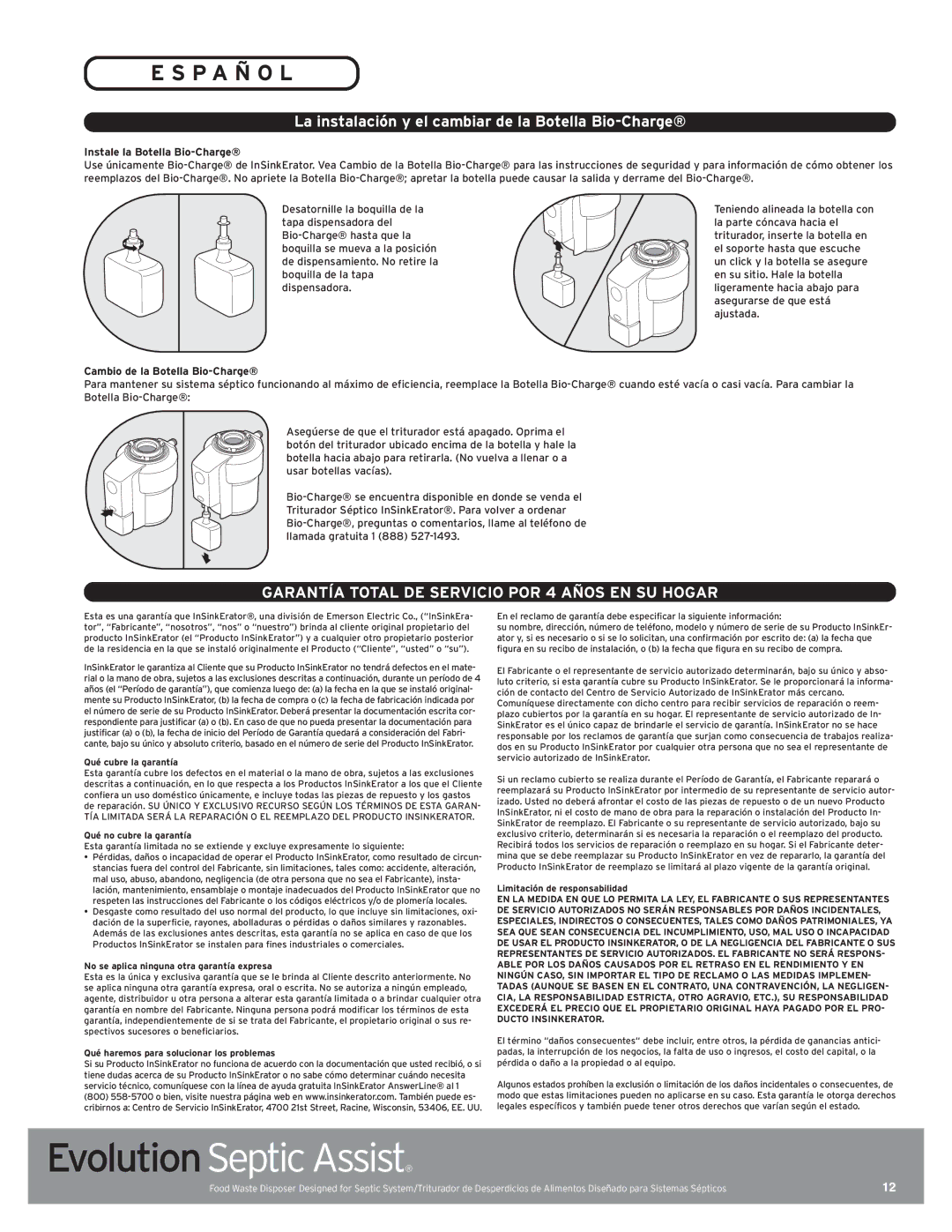 InSinkErator 76137 manual Espa ÑO L, Garantía Total DE Servicio POR 4 Años EN SU Hogar 