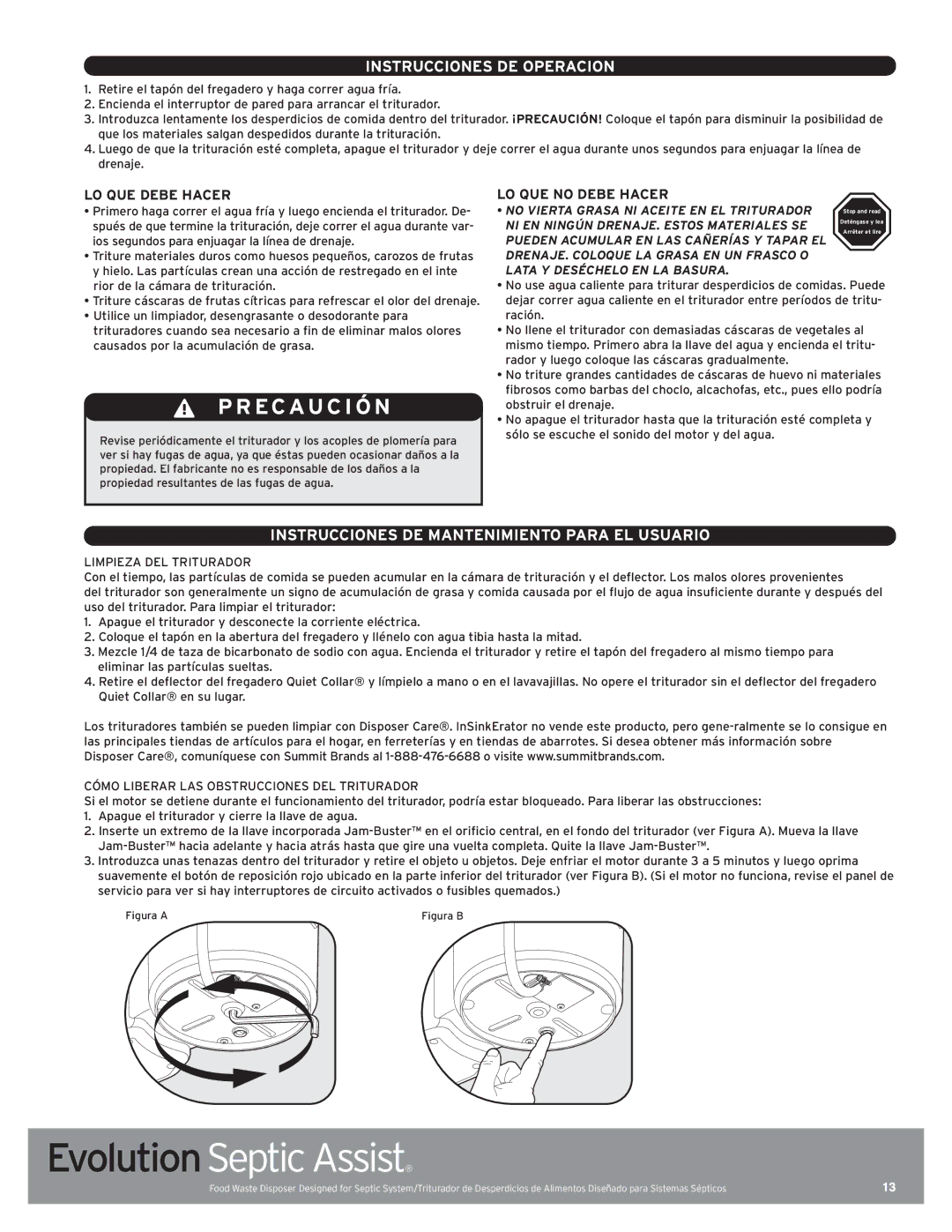 InSinkErator 76137 manual PR Ecauci Ó N, Instrucciones DE Operacion, Instrucciones DE Mantenimiento Para EL Usuario 