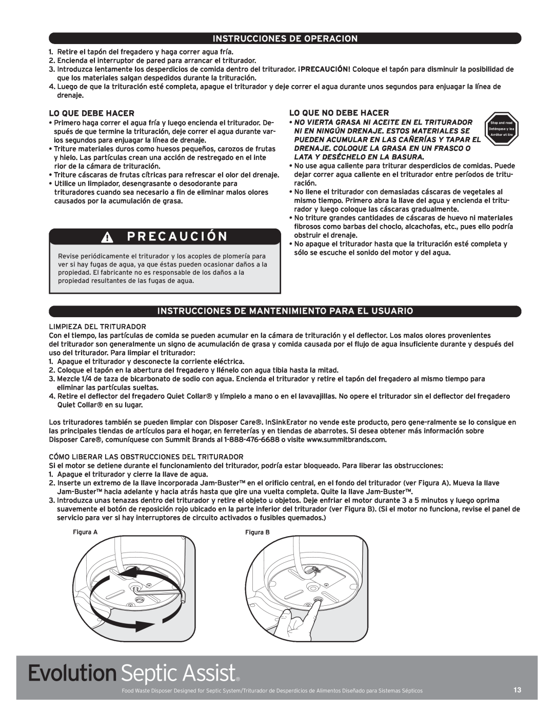 InSinkErator 76137 manual Pr Ecauci Ó N, Instrucciones De Operacion, Instrucciones De Mantenimiento Para El Usuario 