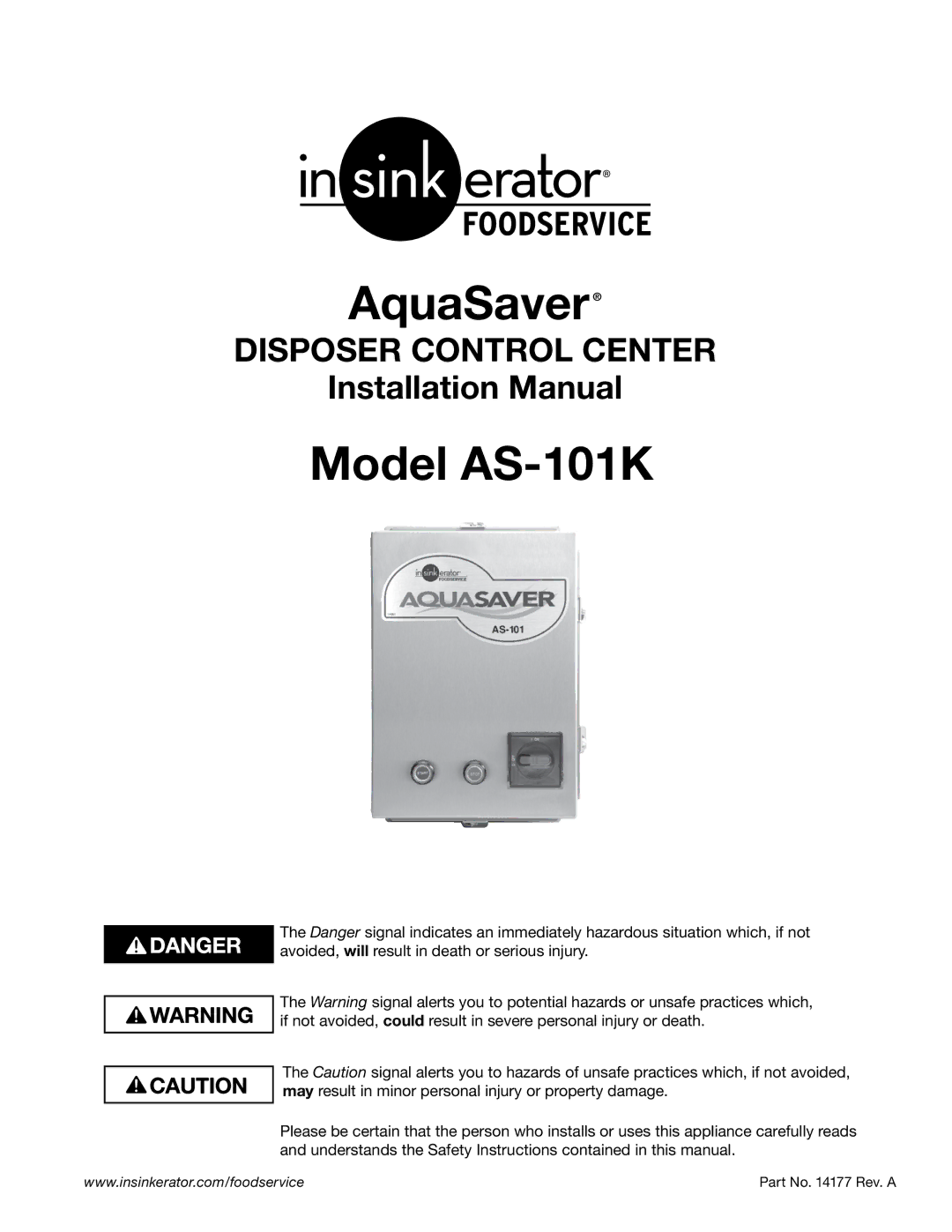 InSinkErator AS-101K installation manual AquaSaver 